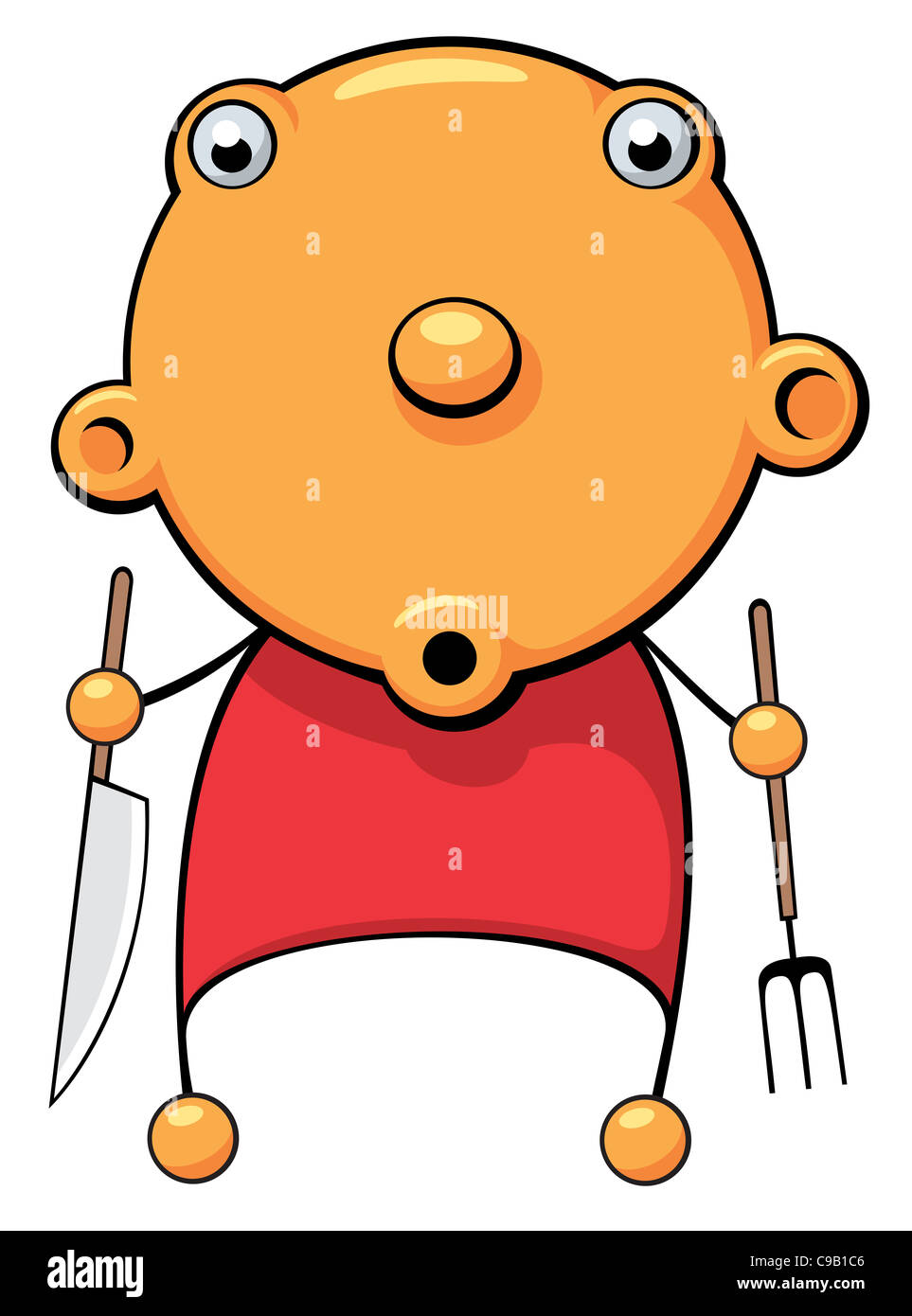 Beispiel für ein hungriges Baby mit Gabel und Messer in seinen Händen, die auf der Suche nach Nahrung Stockfoto