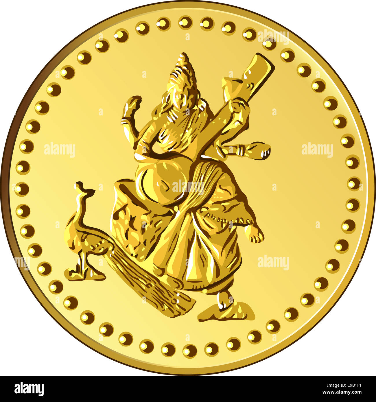 glänzend gold Münze mit dem Bild des tanzen und spielen ein Musikinstrument der indischen vierarmigen Shiva Stockfoto