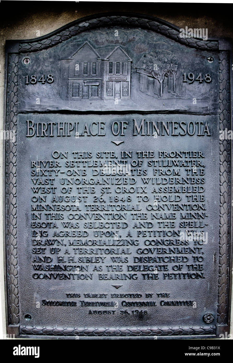 Gedenktafel für die Stadt Stillwater als die älteste Stadt (1848) in Minnesota. Stockfoto
