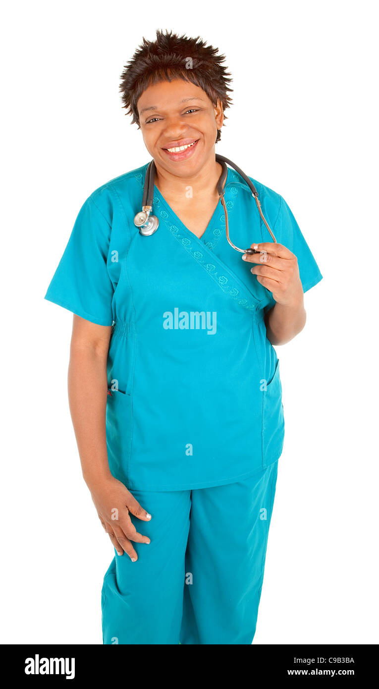 Eine afrikanische amerikanische Krankenschwester lächelt in die Kamera. Stockfoto