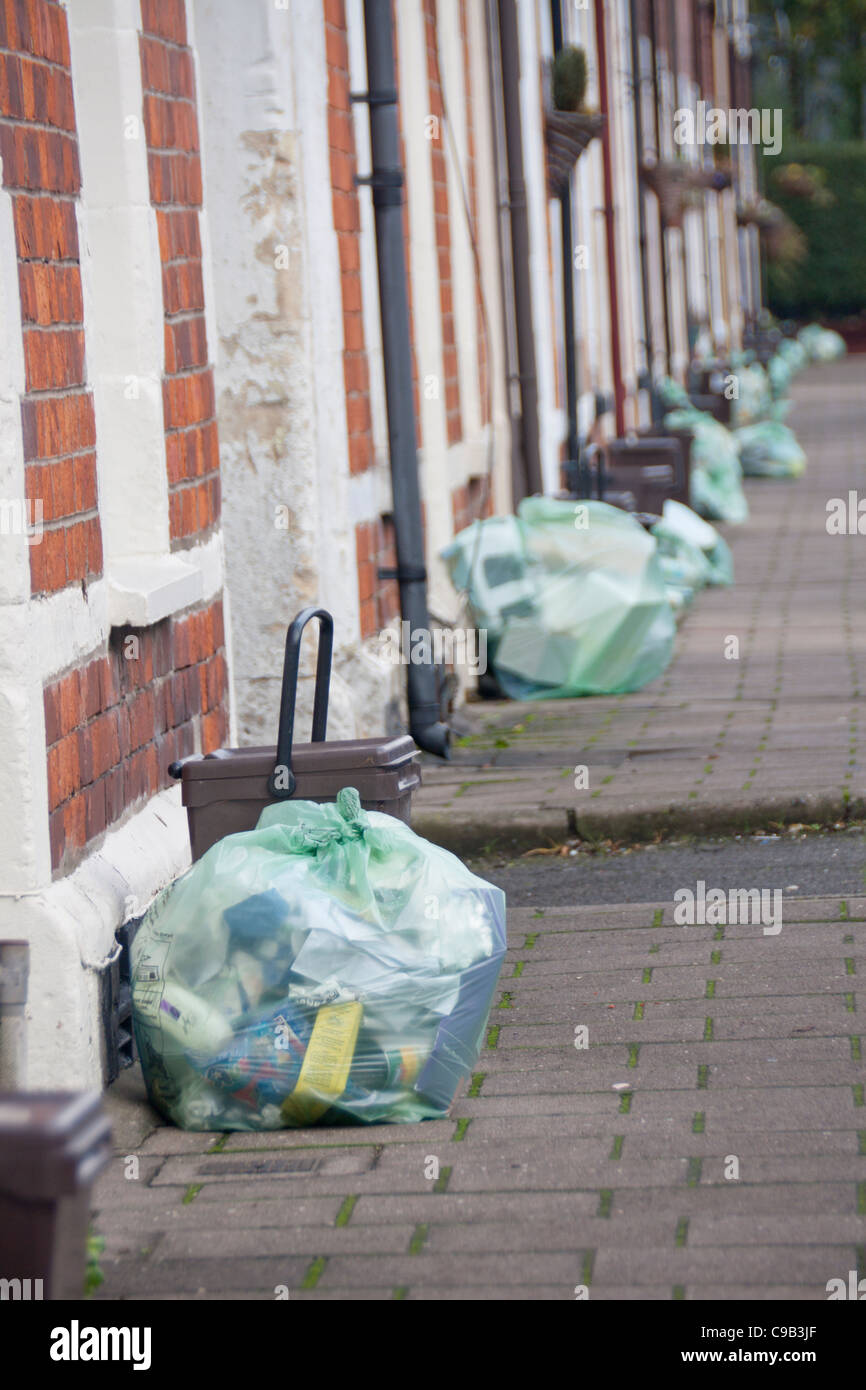 Grüne recycling-Taschen und Lebensmittel verschwenden Caddies links auf terrassenförmig angelegten Straße für Sammlung Roath Cardiff Wales UK Stockfoto