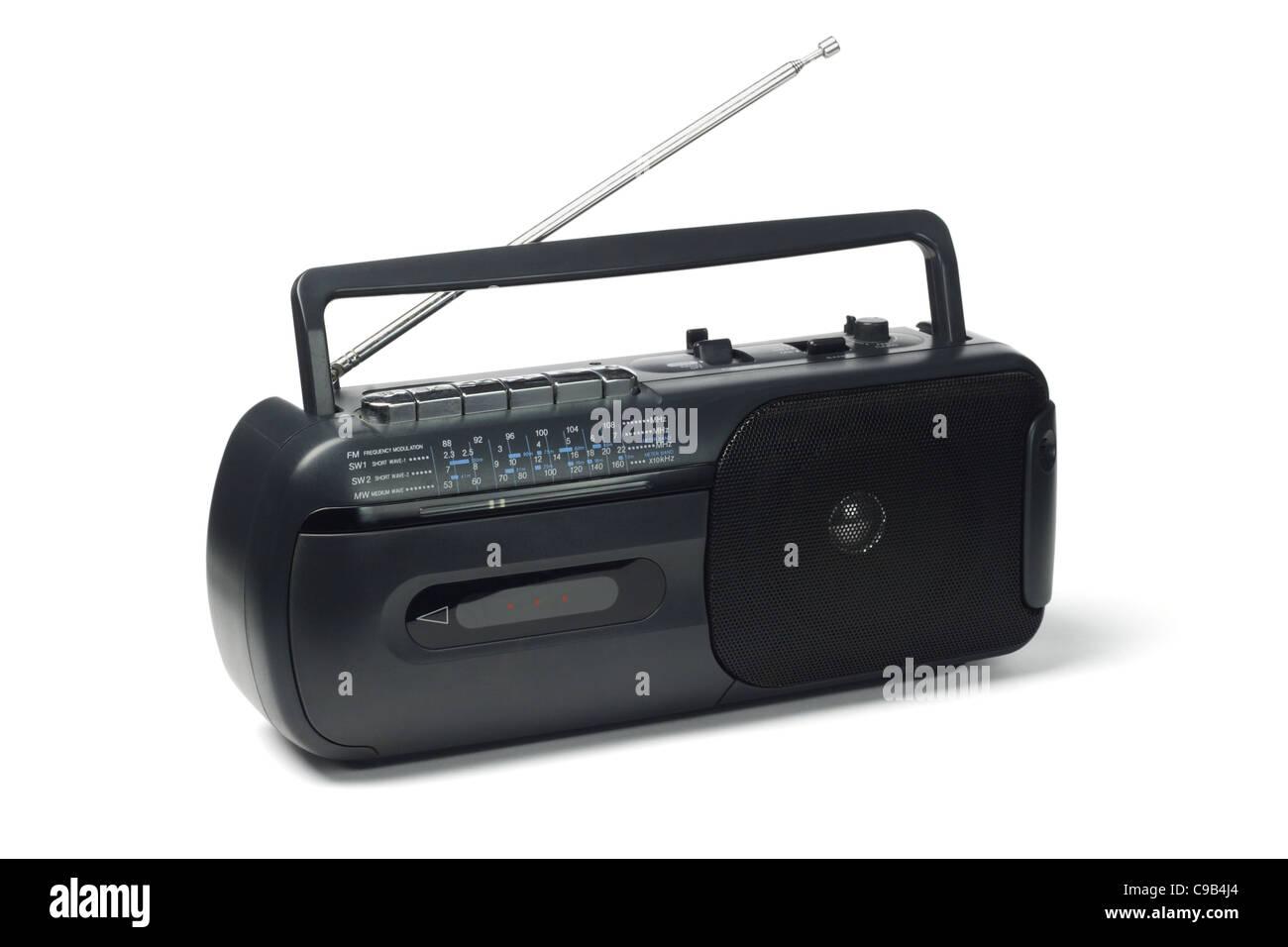 Radio-Kassetten-Recorder und Player auf weißem Hintergrund Stockfoto