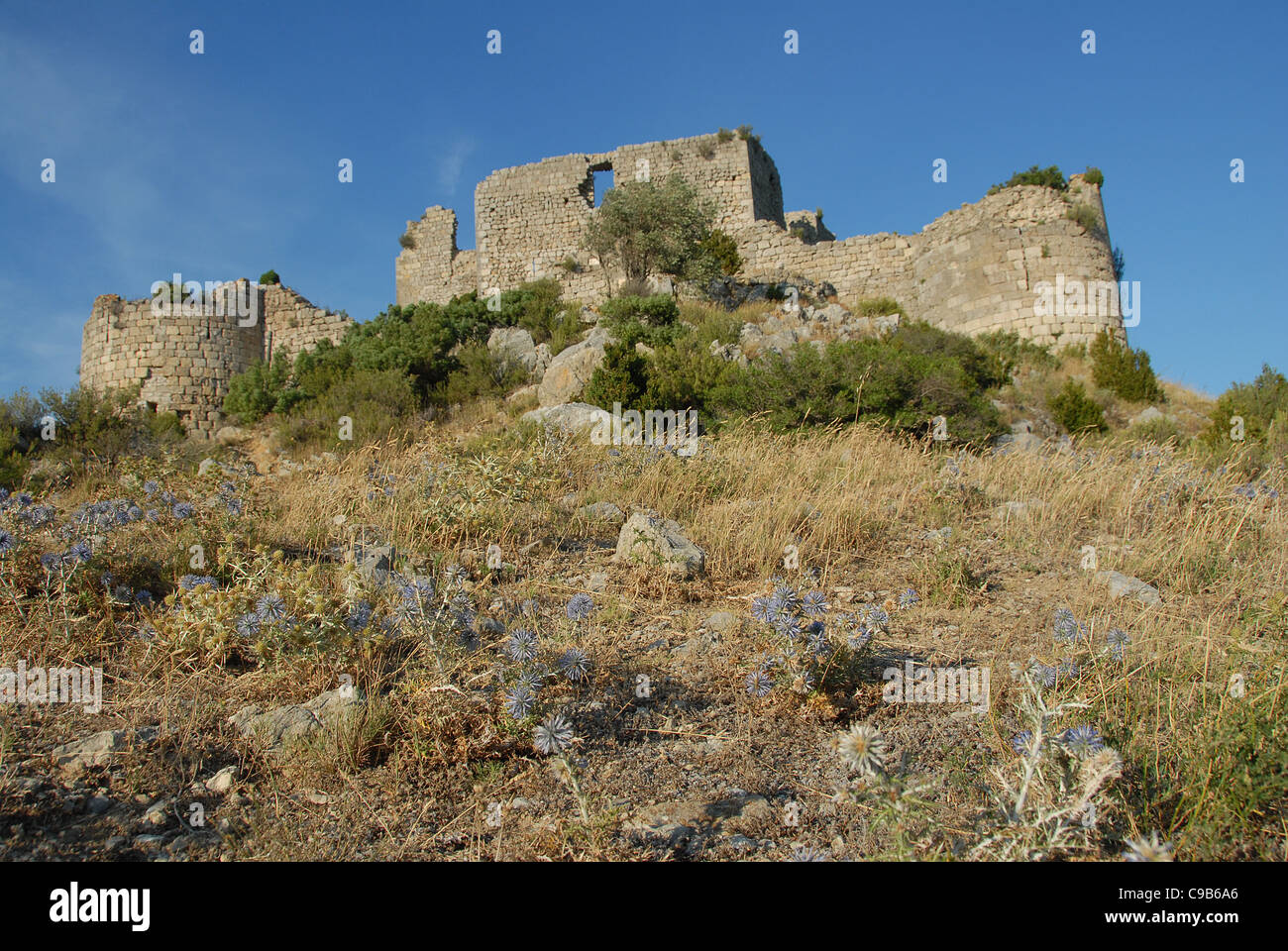 Die Ruine von Château d'Aguilar, eine mittelalterliche Burg gebaut von der Katharer in der Nähe von Tuchan im Pays Cathare, Aude, Frankreich Stockfoto