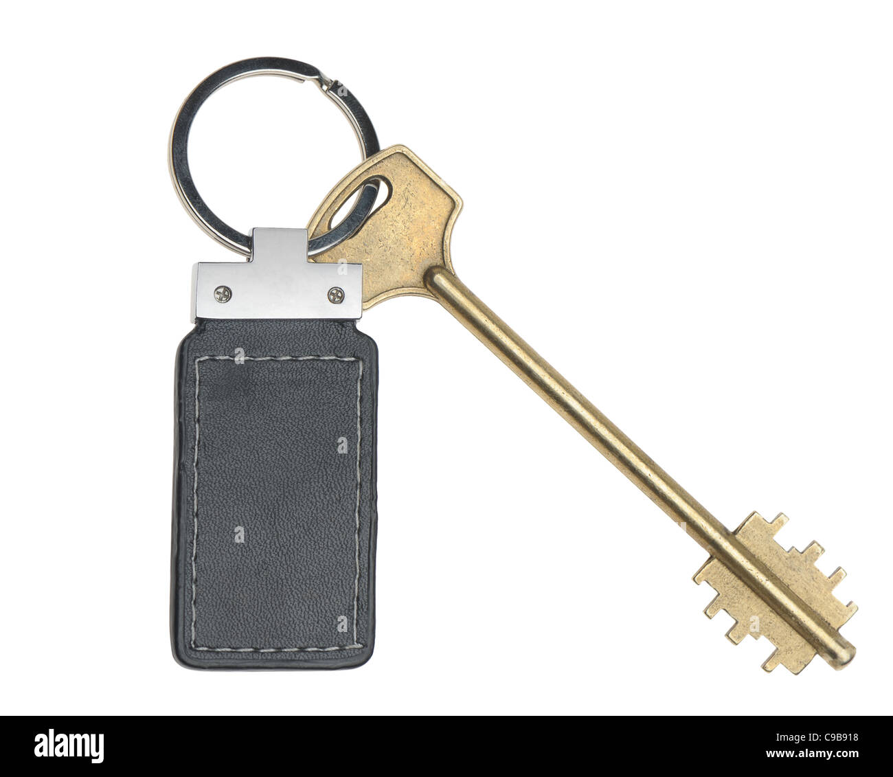 Schlüssel mit Leder Schmuckstück. Es ist isoliert auf weißem Hintergrund Stockfoto