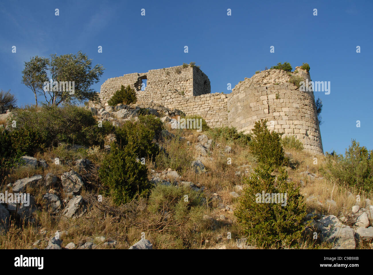Château d ' Aguilar, Adler Burg, Hochburg der Katharer-Sekte in den Corbières Bergen in der Nähe von Tuchan, Aude, Languedoc Stockfoto