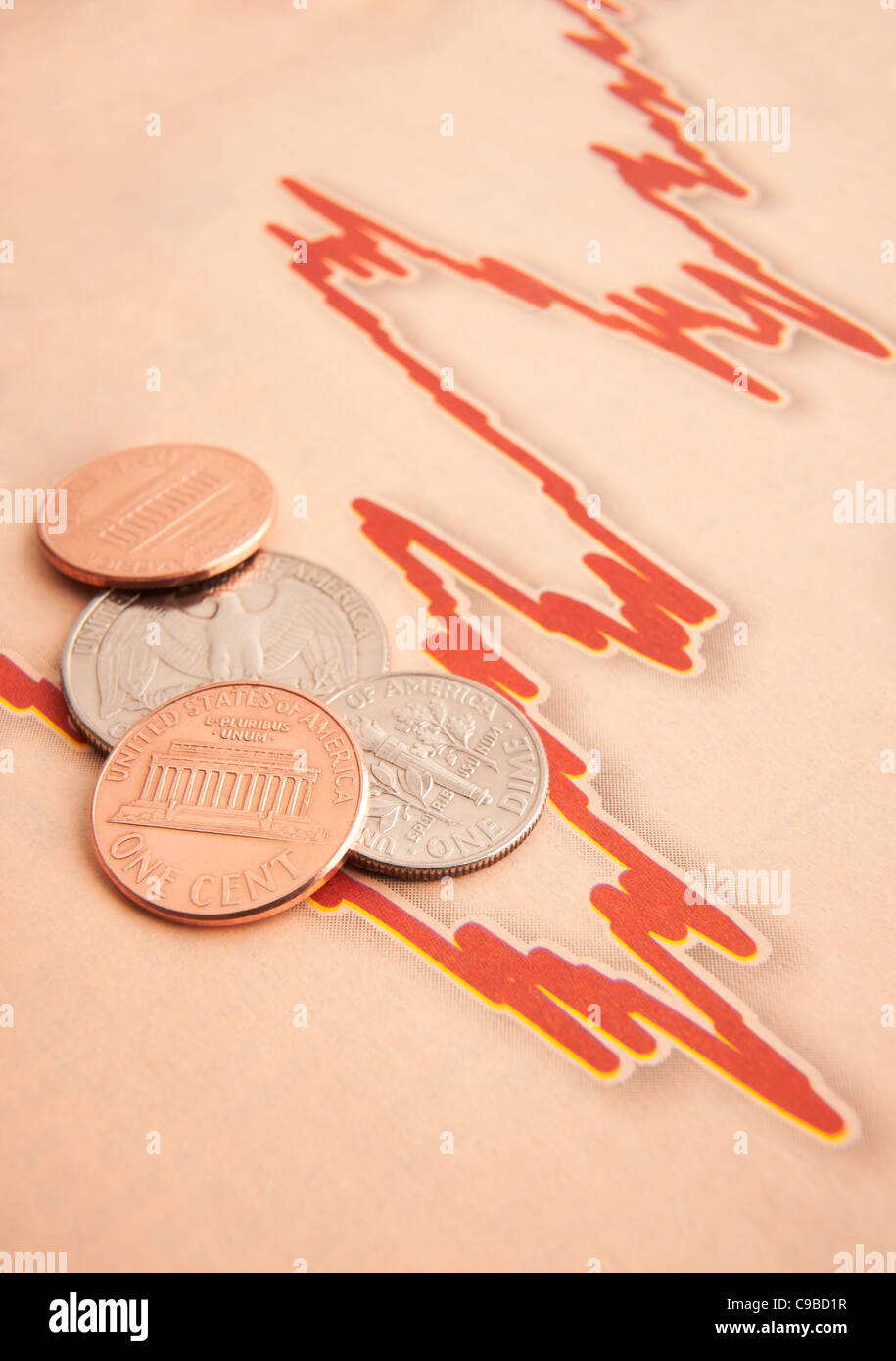Amerikanischen Münzen auf schwankende Kurve mit Platz für Kopie Stockfoto