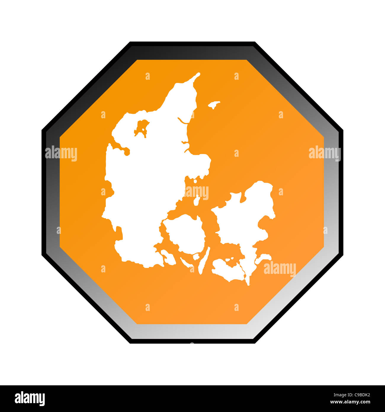 Dänemark-Straßenschild isoliert auf einem weißen Hintergrund. Stockfoto