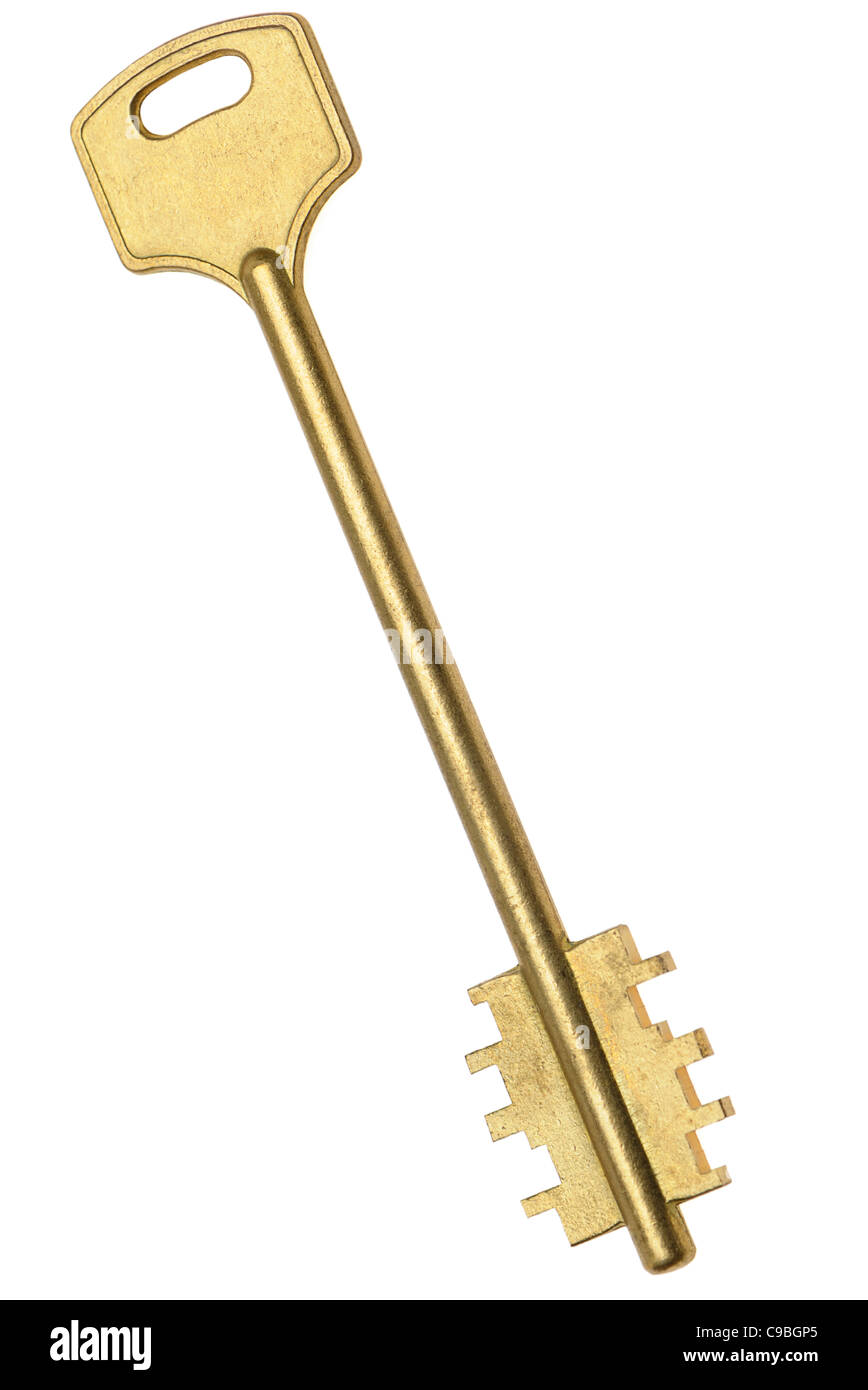 Goldener Schlüssel. Es ist isoliert auf weißem Hintergrund Stockfoto