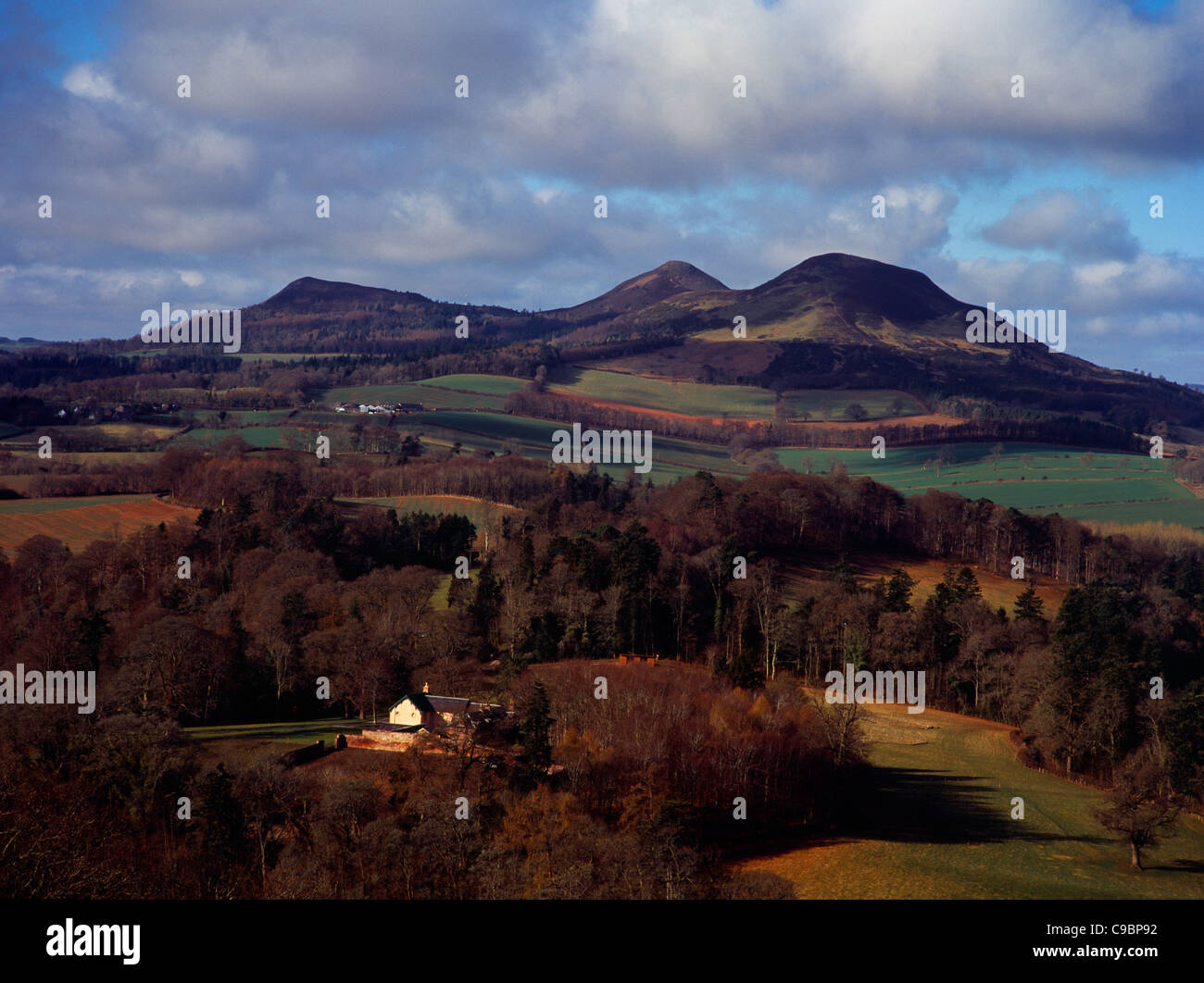 Schottland, Grenzen, Melrose, Eildon Hills von Scotts View. Dächer des Hauses im Vordergrund und landwirtschaftliche Flächen Stockfoto