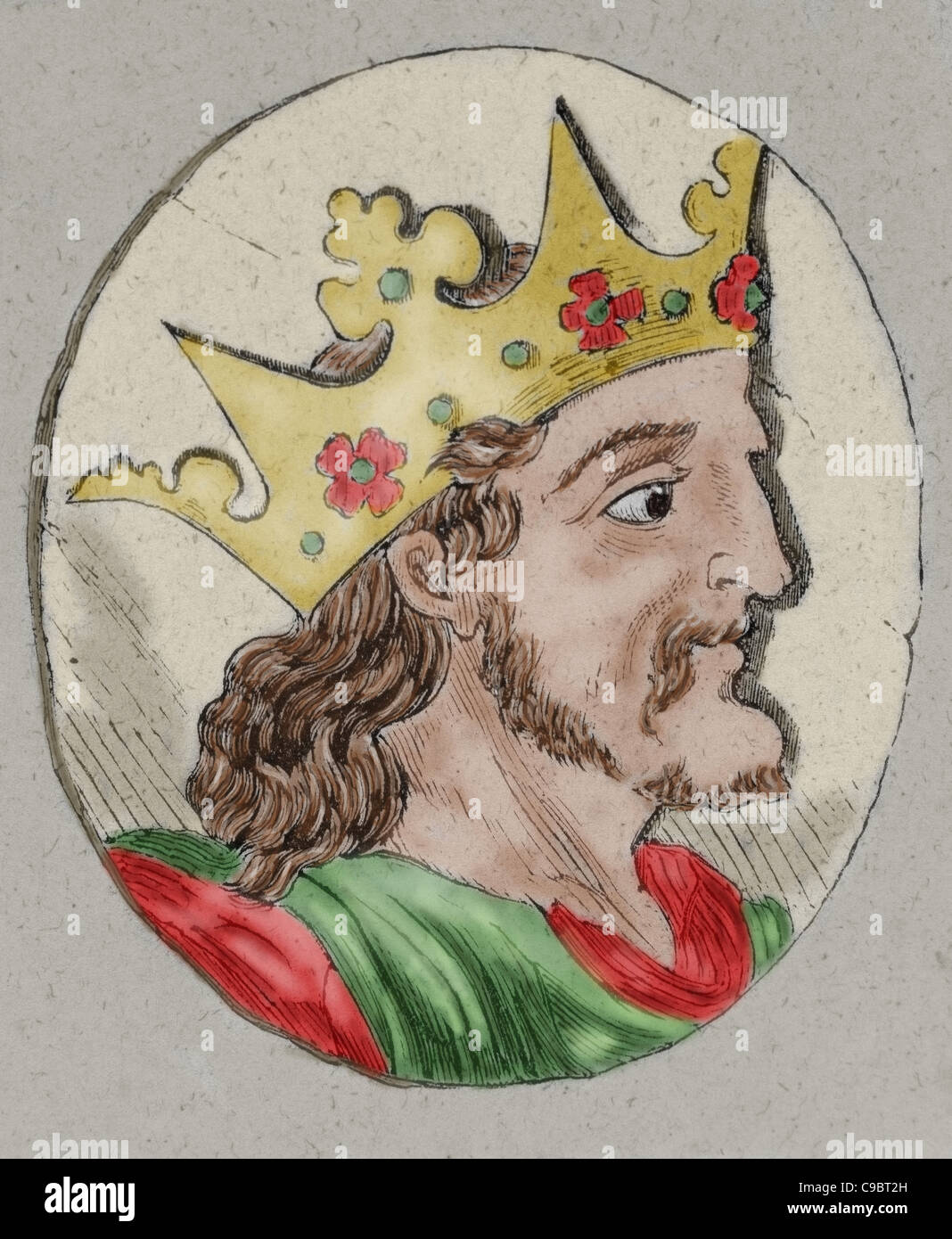 Bermudo II (956 – 999), genannt der Gouty. König von Galizien (982 – 999) und León (984 – 999. Farbige Gravur. Stockfoto