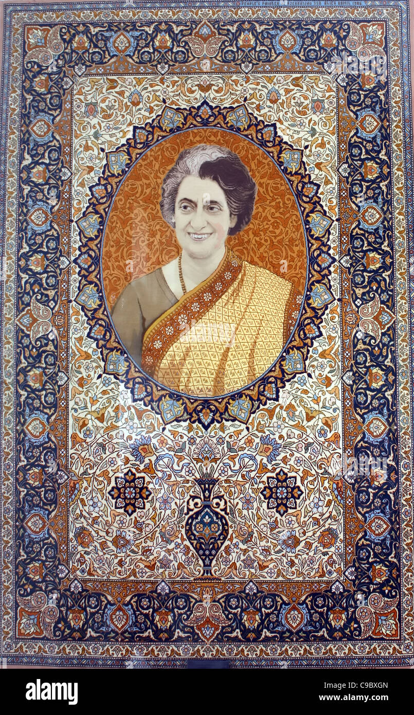 Indira Gandhi Porträt auf einem Textil Teppich, späte indische Premierminister Stockfoto