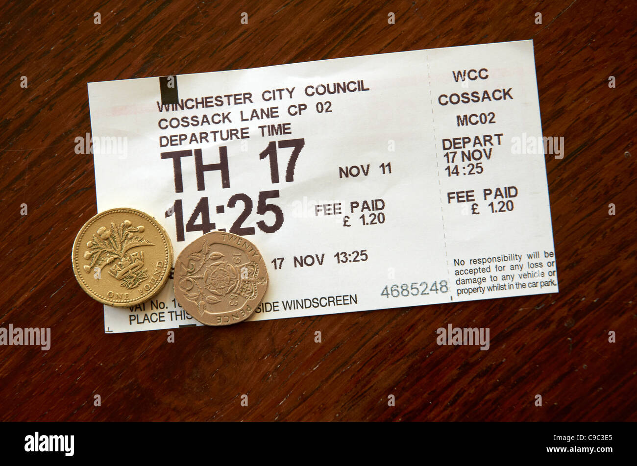 Winchester Stadtrat Parkticket mit richtigen Münzen für die Zahlung. Stockfoto