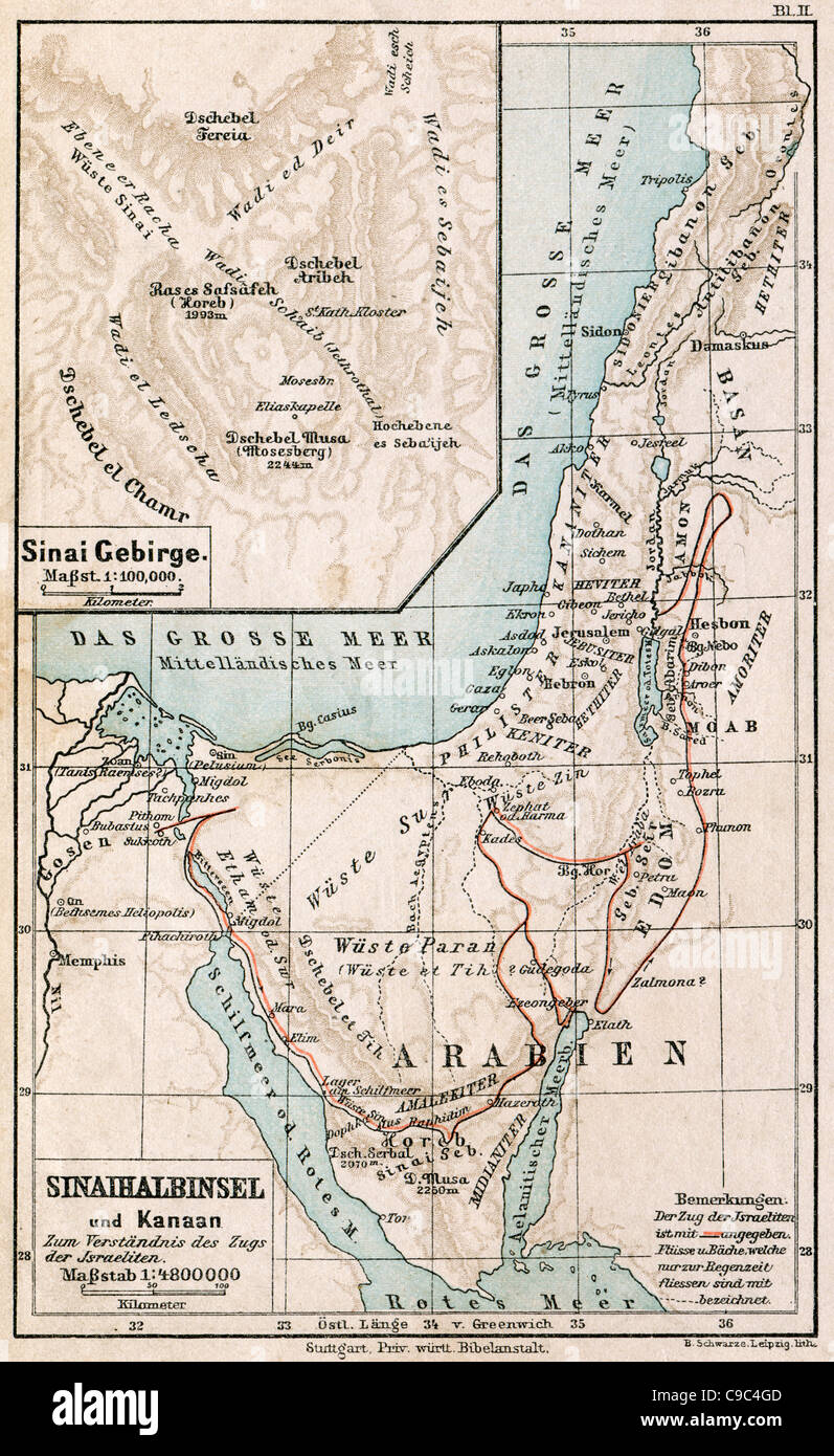 Karte der Sinai-Halbinsel. Die Route des Exodus der Juden aus Ägypten. Die Bibel. Deutschland, ca. 1895 Stockfoto