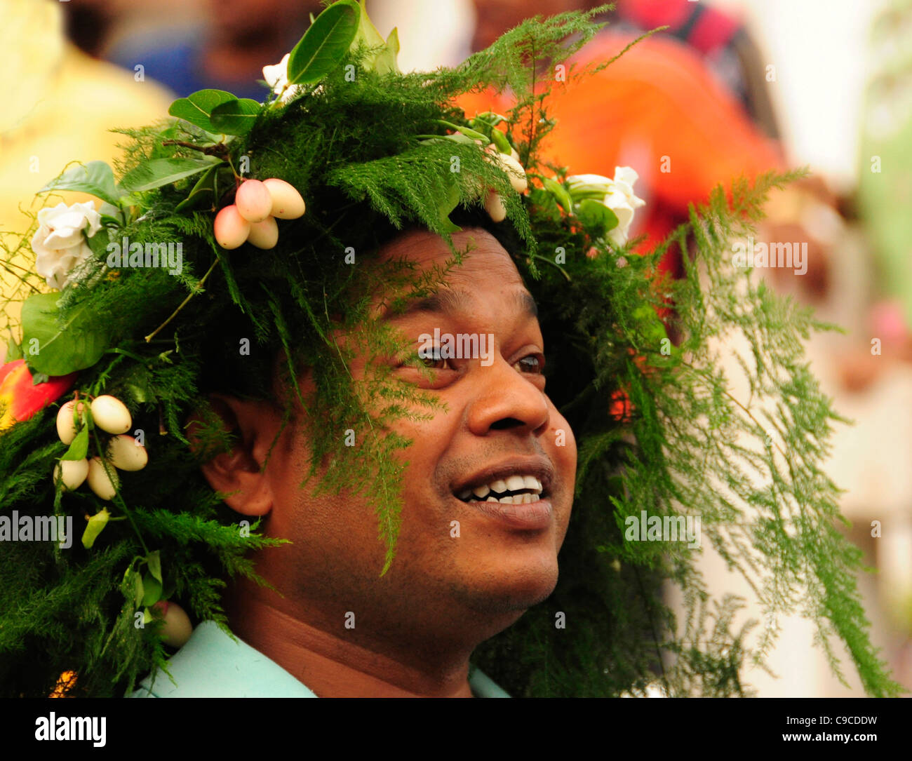 Indien, Südasien, Goa, Siolim, San Jao Festival feierte mit Blütenstand Kränze. Stockfoto