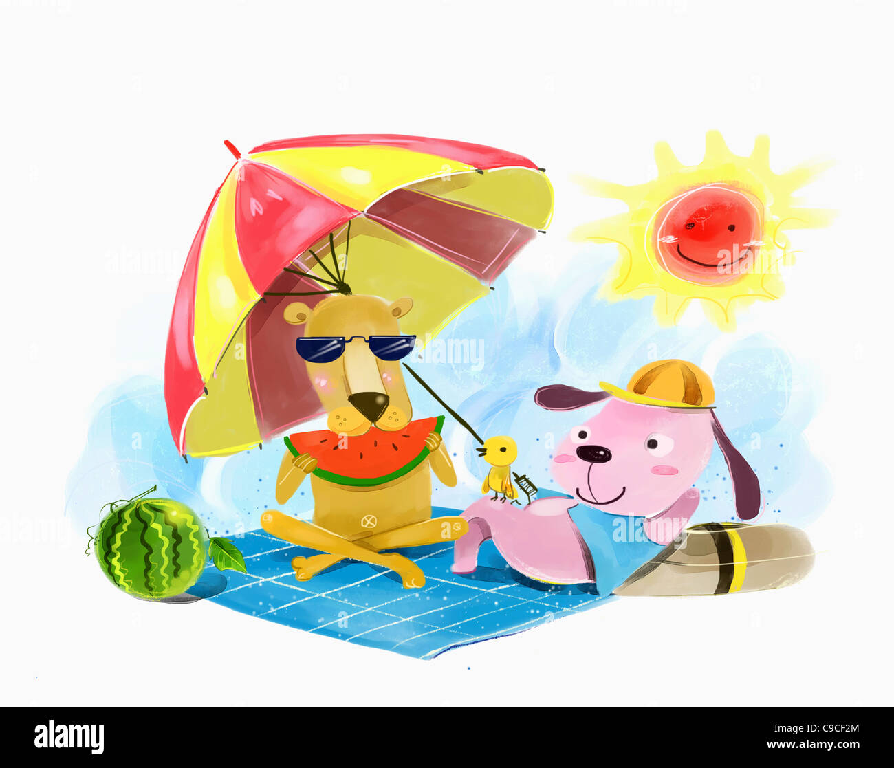 Abbildung von verschiedenen Tieren und eine Wassermelone Stockfoto