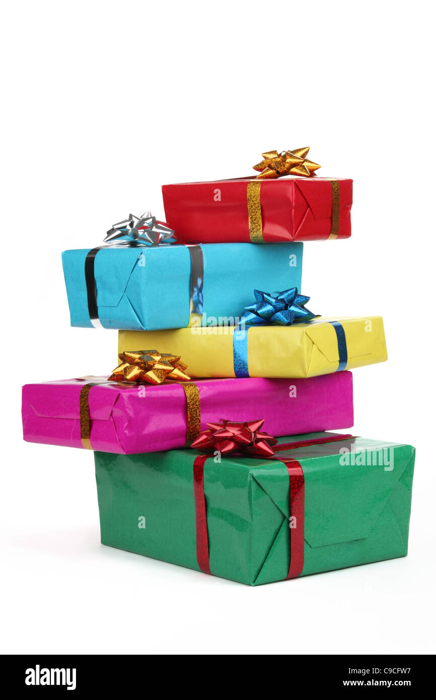 Weihnachts-Geschenk-Boxen isoliert auf weiss. Stockfoto