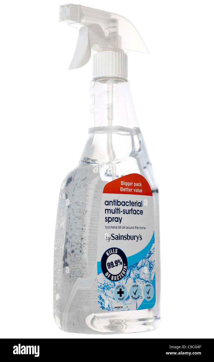 Durchsichtigen Kunststoff Sprühbehälter Sainsburys antibakterielle Multi Oberfläche Spray cleaner Stockfoto