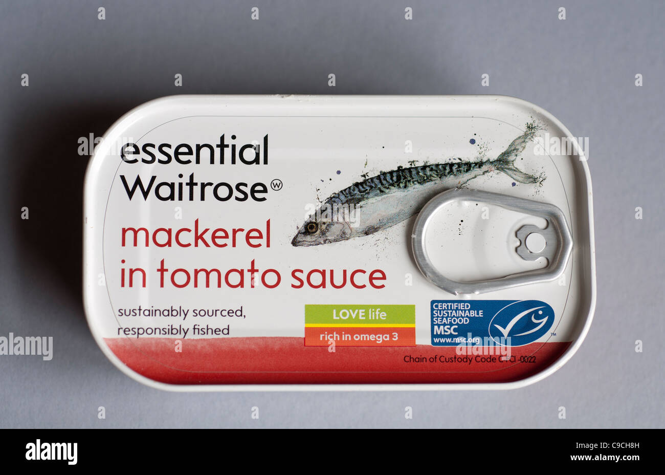 Dose mit Waitrose Makrele in Tomatensauce Stockfoto