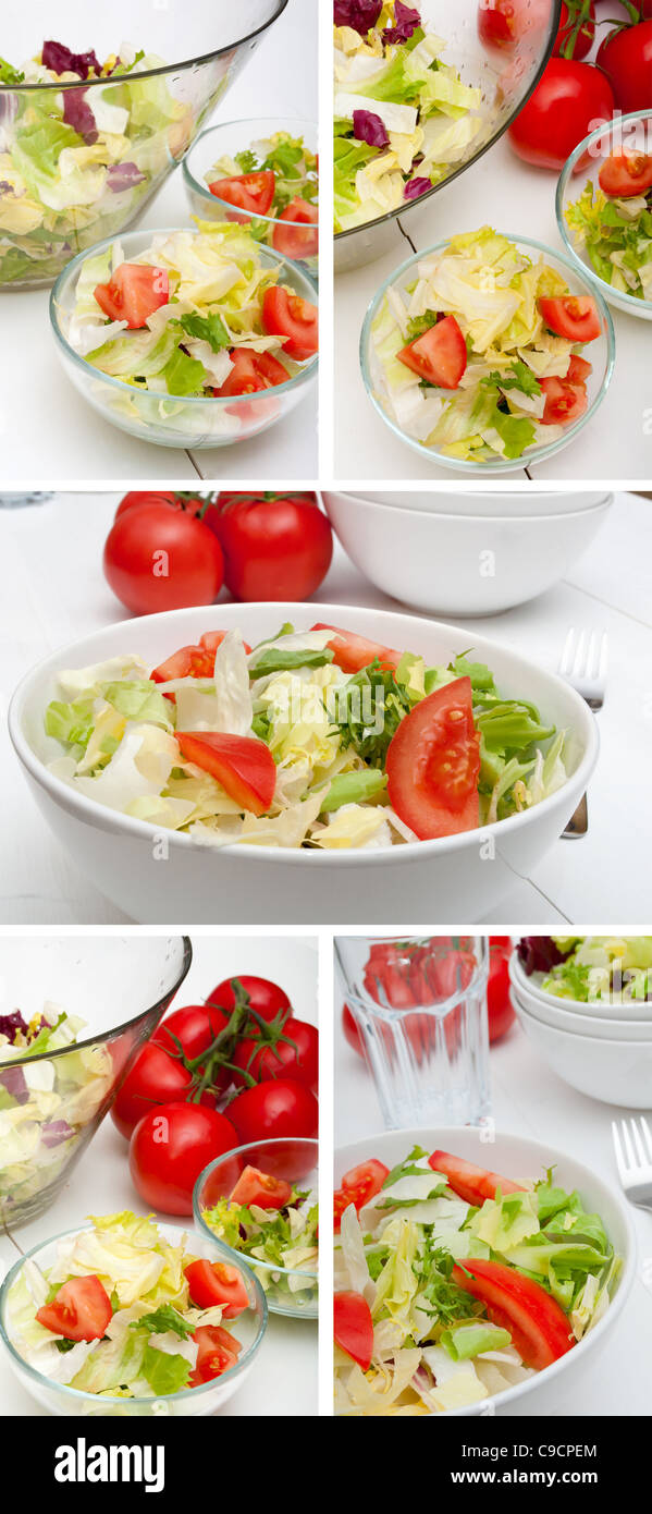 Frischer Salat von grünen Gemüsen in Glasschalen - Collage aus fünf Bilder Stockfoto