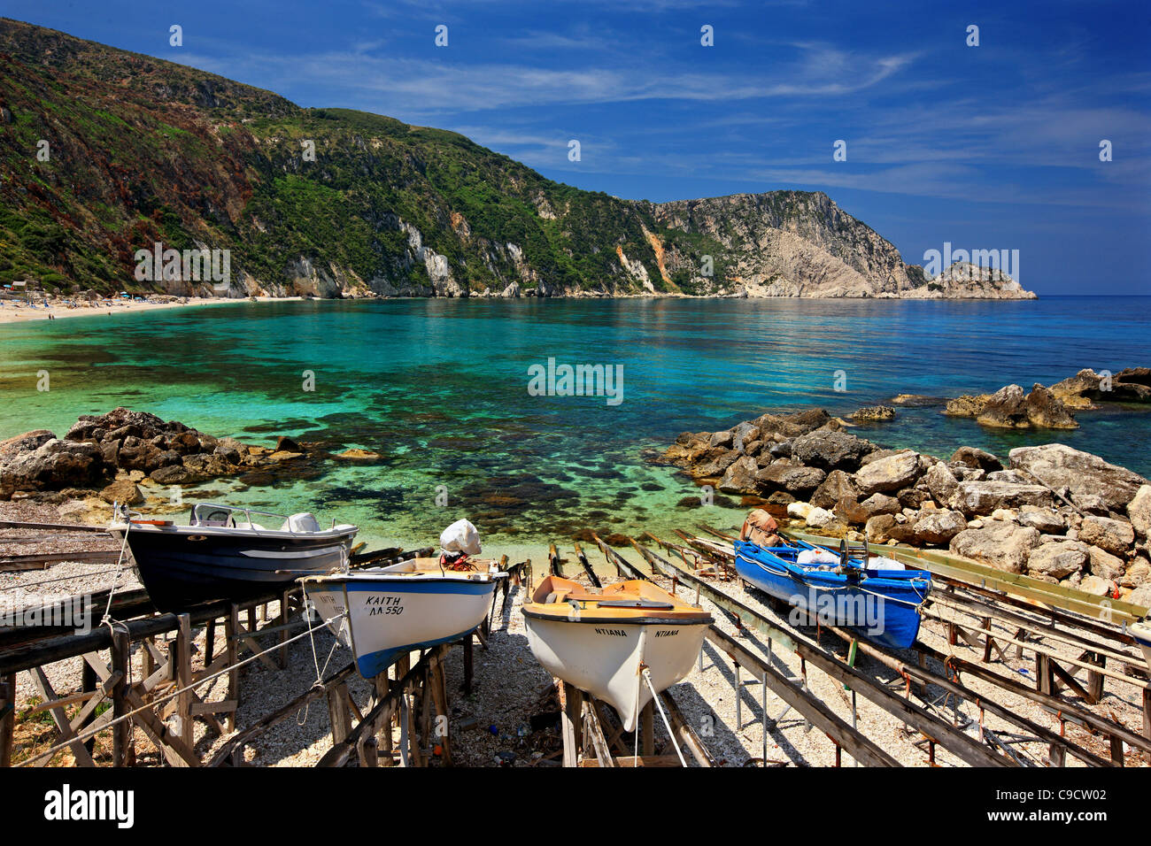 Ein "Boot parken" in Petanoi (oder "Petani") Strand auf der Insel Kefalonia, Ionische Meer, Griechenland Stockfoto
