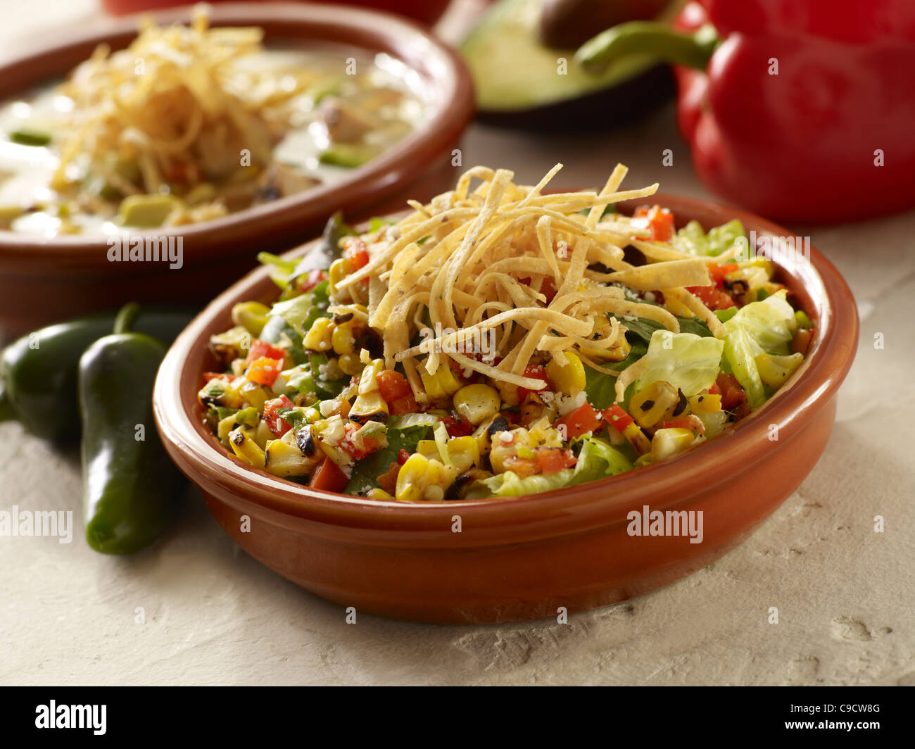 Gebratener Gemüsesalat mit Salat garniert mit Tortilla-Streifen und eine Schüssel Suppe Stockfoto