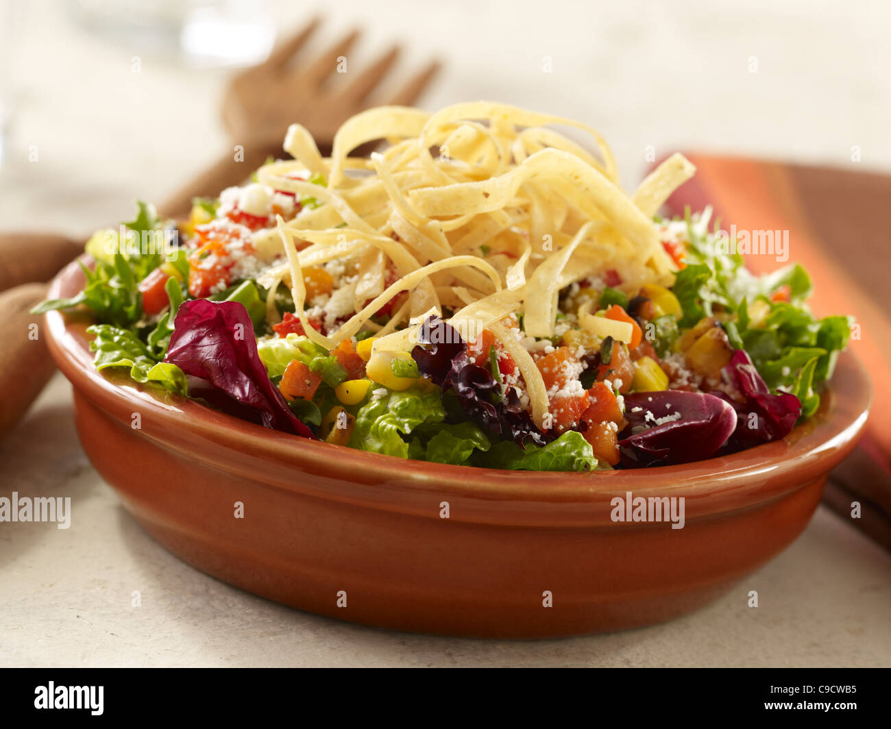 Gemischter Salat garniert mit Tortilla-Streifen Stockfoto