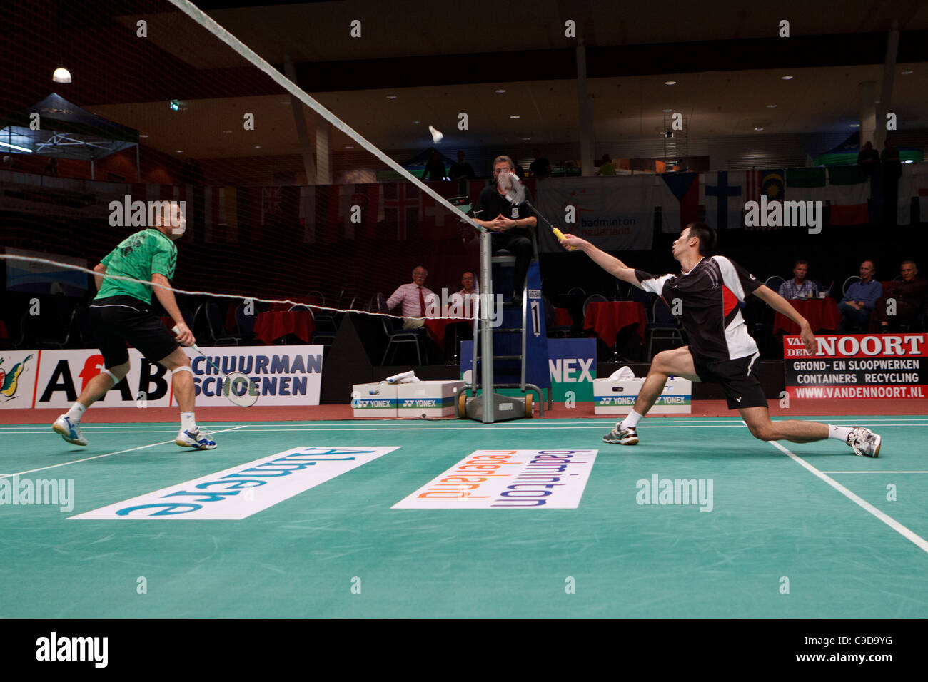 Badmintonspieler Przemyslaw Wacha (links) aus Polen und Hsuan Yi Hsueh (rechts) von Chinese Taipei Stockfoto
