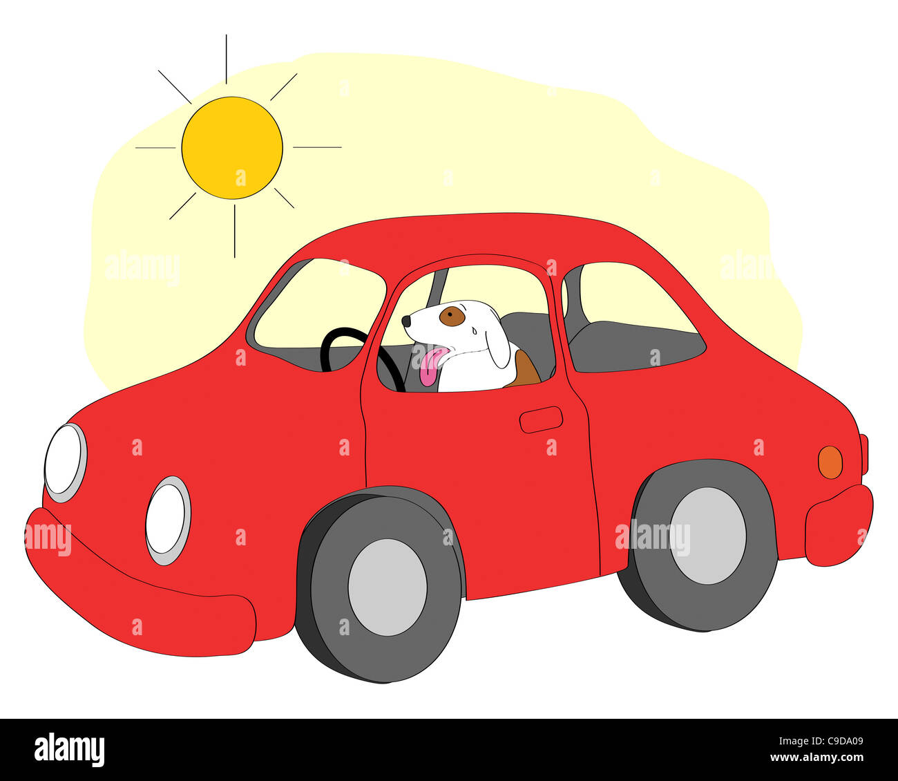 Hund in roten Auto, Abbildung Stockfoto