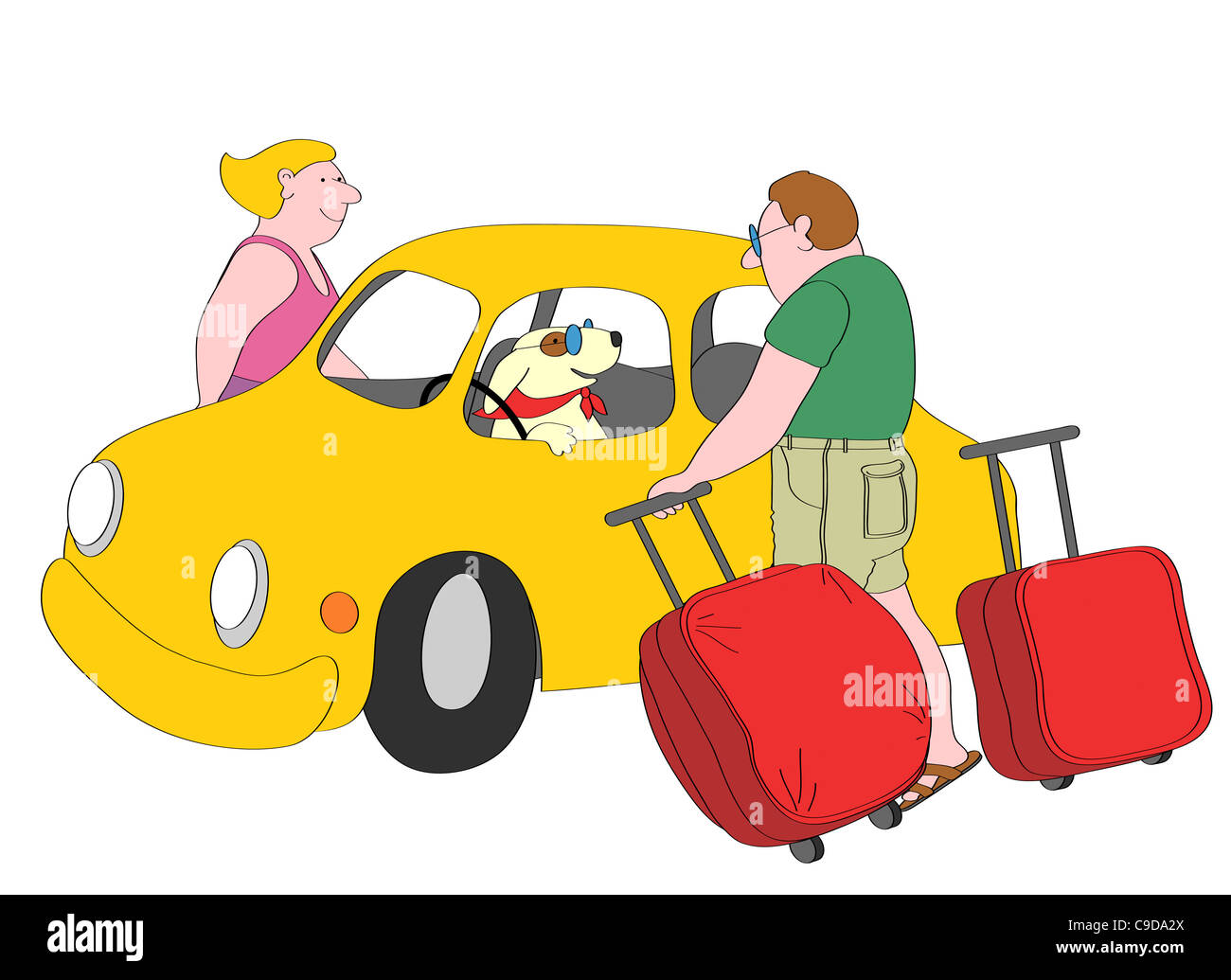Zu zweit mit Koffern stehen neben gelben Auto, Hund sitzt auf Fahrersitz, Abbildung Stockfoto