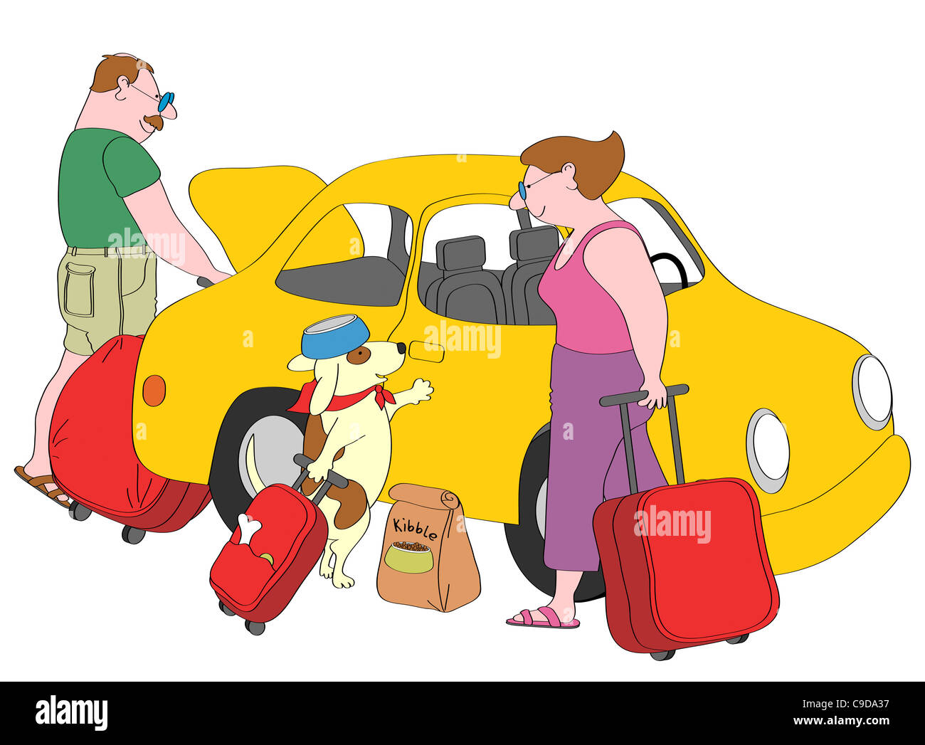 Ehepaar und Hund mit Koffern stehend neben gelben Auto, Abbildung Stockfoto