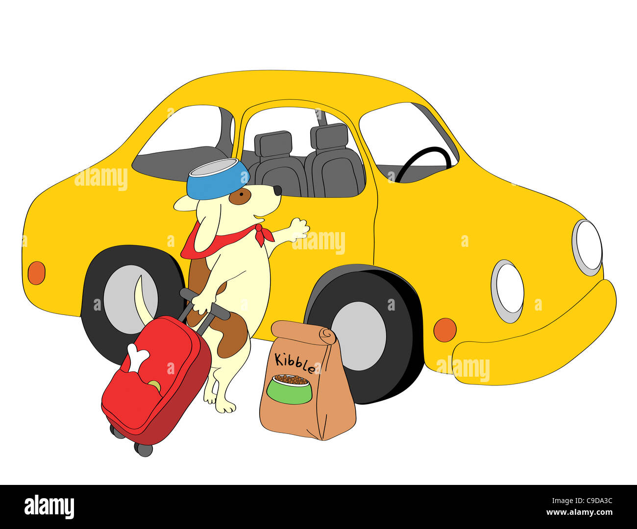 Hund mit Koffer stehen neben gelben Auto, Abbildung Stockfoto