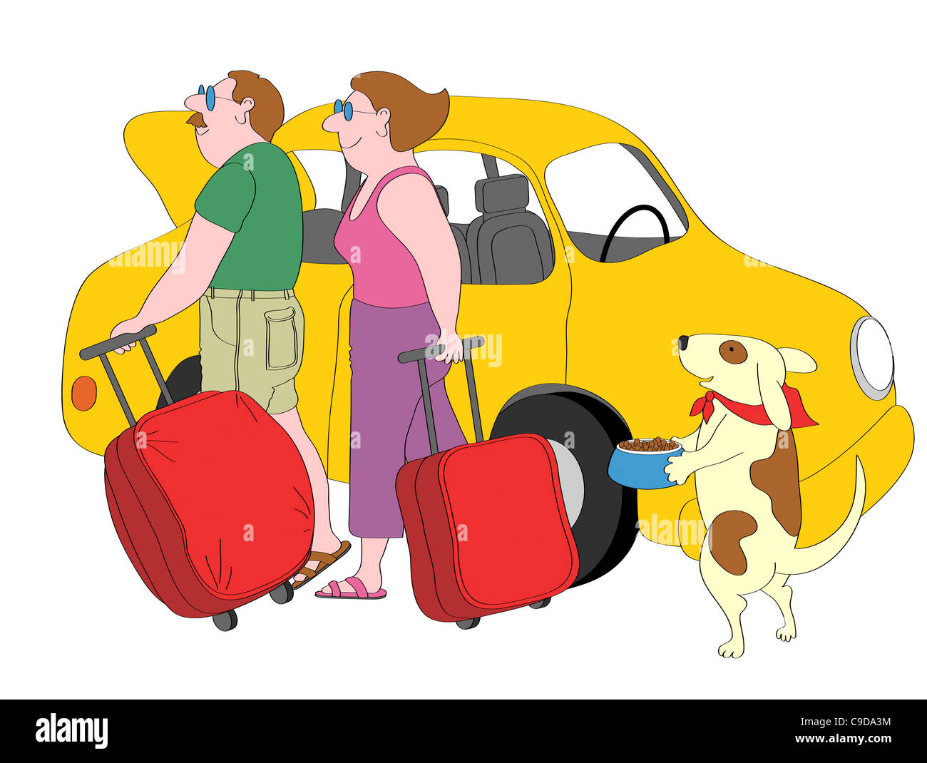 Ehepaar und Hund mit Koffern stehend neben gelben Auto, Abbildung Stockfoto