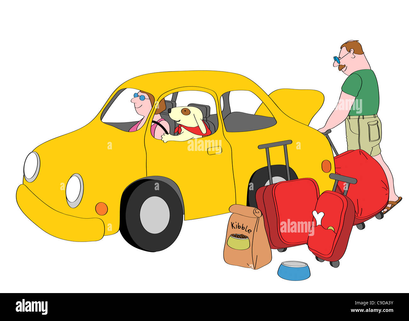 Hundesitting am Fahrersitz im gelben Auto Mann laden Koffer in den Kofferraum, Abbildung Stockfoto