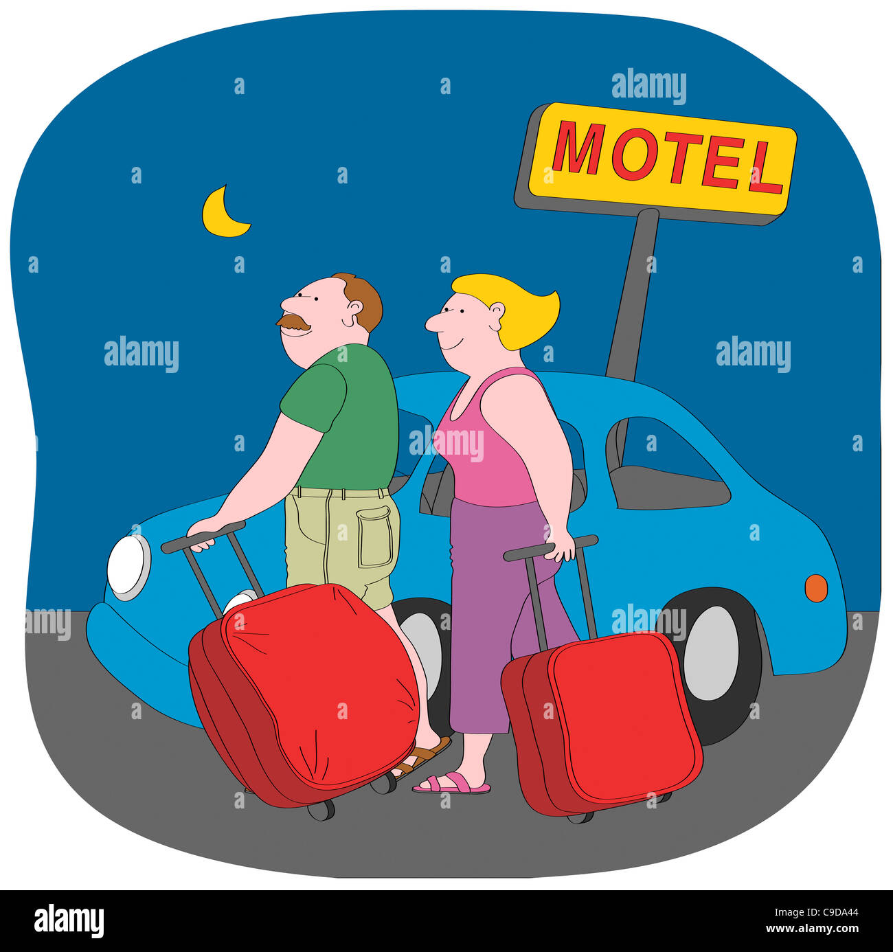 Paar mit Koffern im Motel zu unterzeichnen, in der Nacht, Abbildung Stockfoto