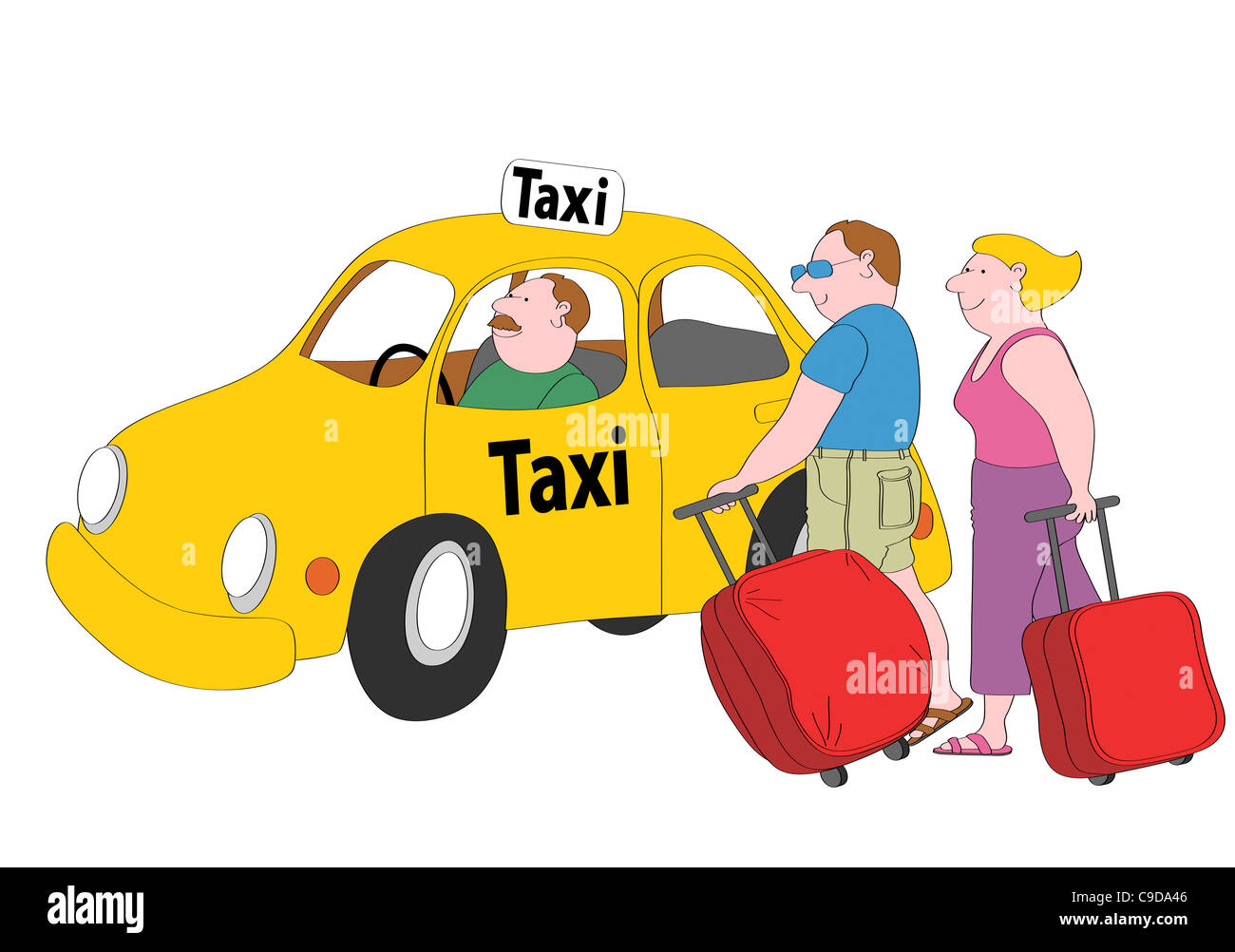 Zu zweit mit Koffern stehend neben gelben Taxi, Abbildung Stockfoto