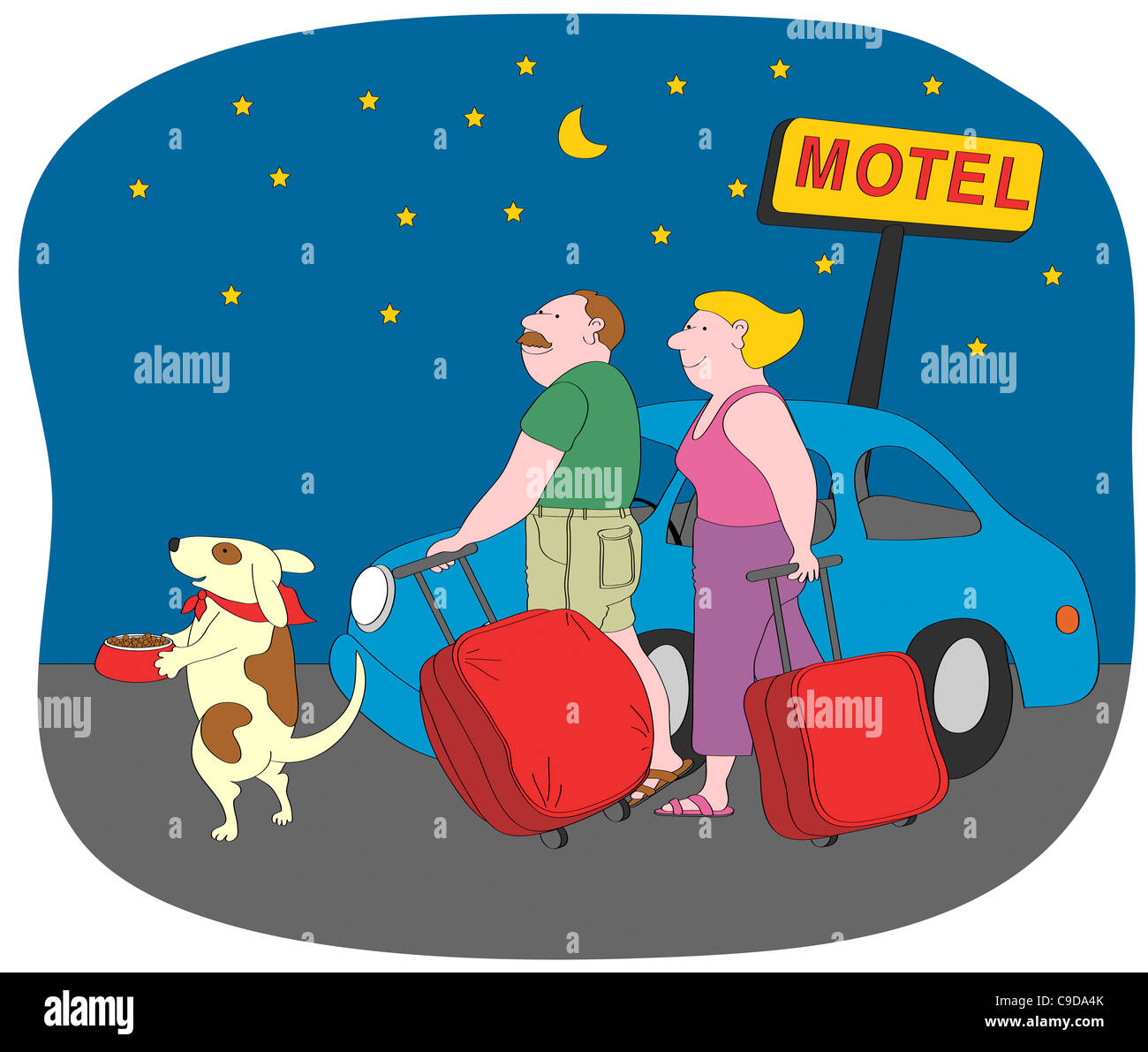 Ehepaar und Hund mit Koffern im Motel zu unterzeichnen, in der Nacht, Abbildung Stockfoto