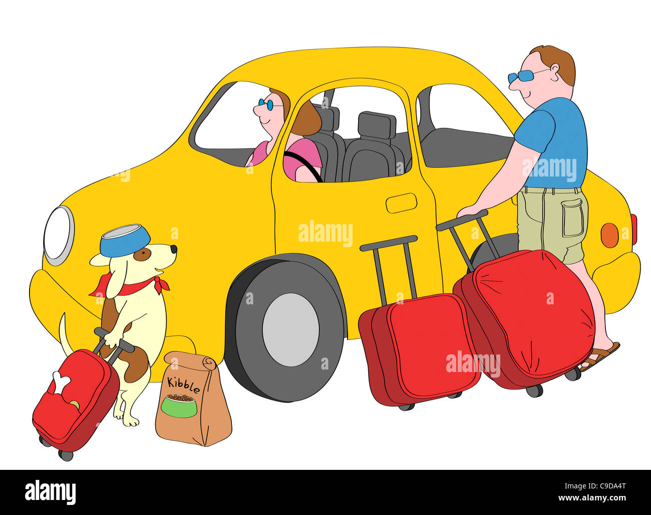 Mensch und Hund mit Koffern stehend neben gelben Auto, Frau sitzt innen, Abbildung Stockfoto