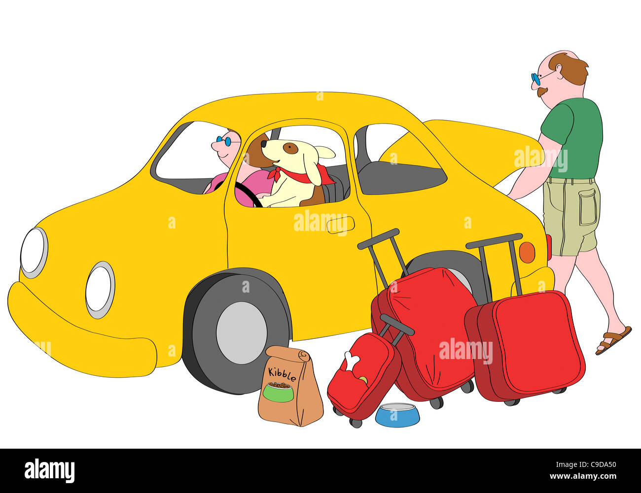 Hundesitting am Fahrersitz im gelben Auto Mann laden Koffer in den Kofferraum, Abbildung Stockfoto