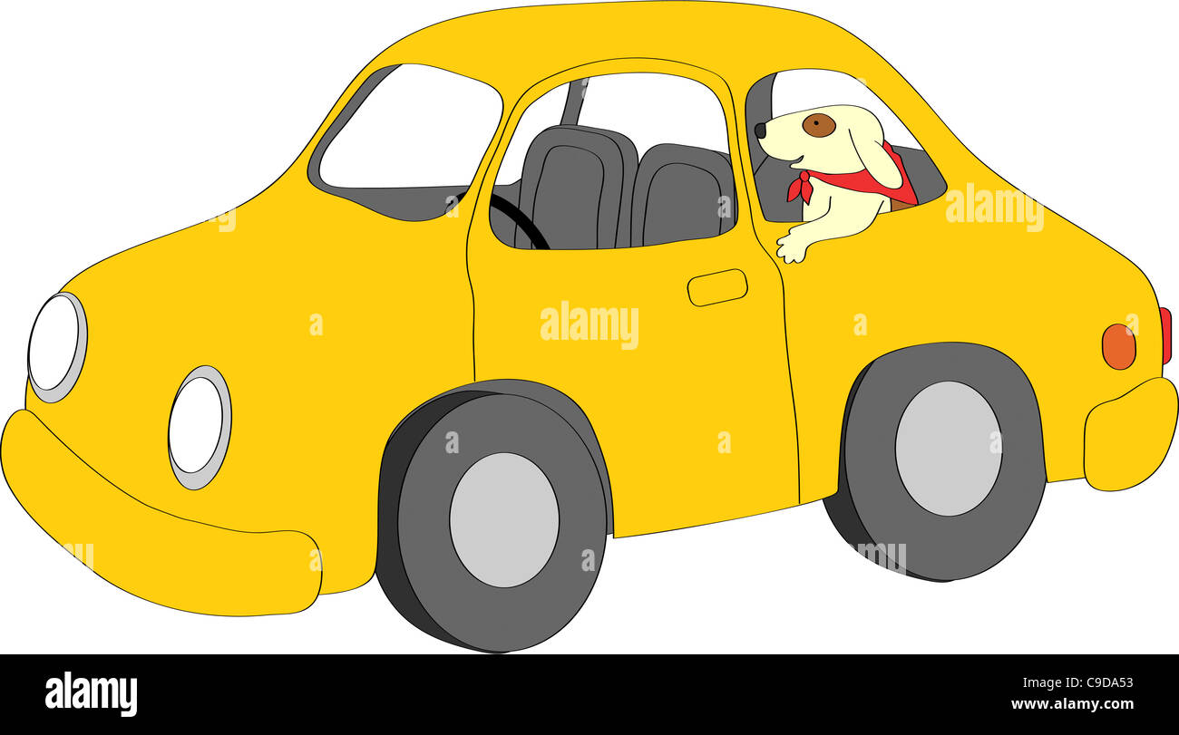Hundesitting am Rücksitz gelben Autos, Abbildung Stockfoto