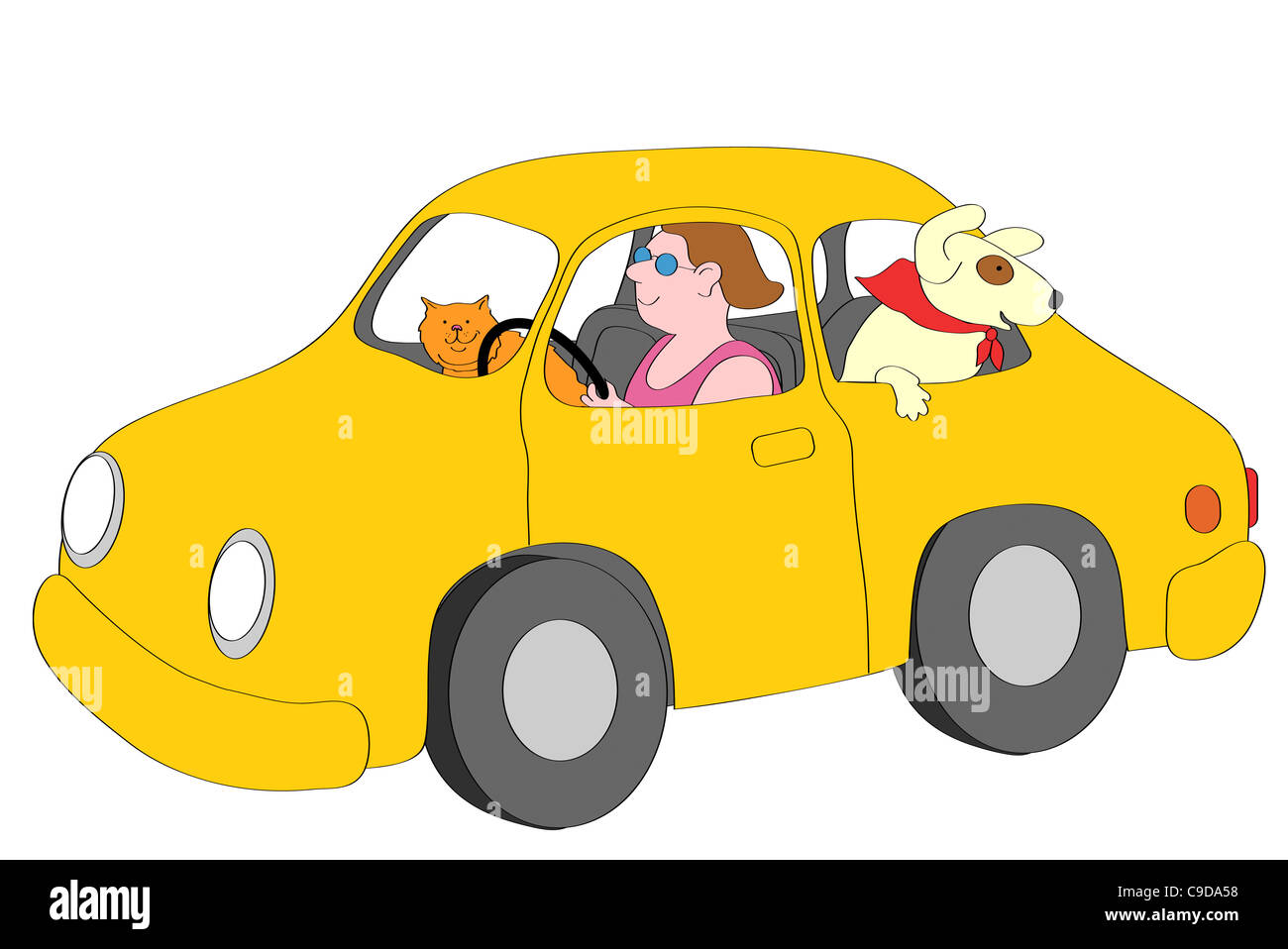Lächelnde Frau gelbe Auto mit Katze und Hund, illustration Stockfoto