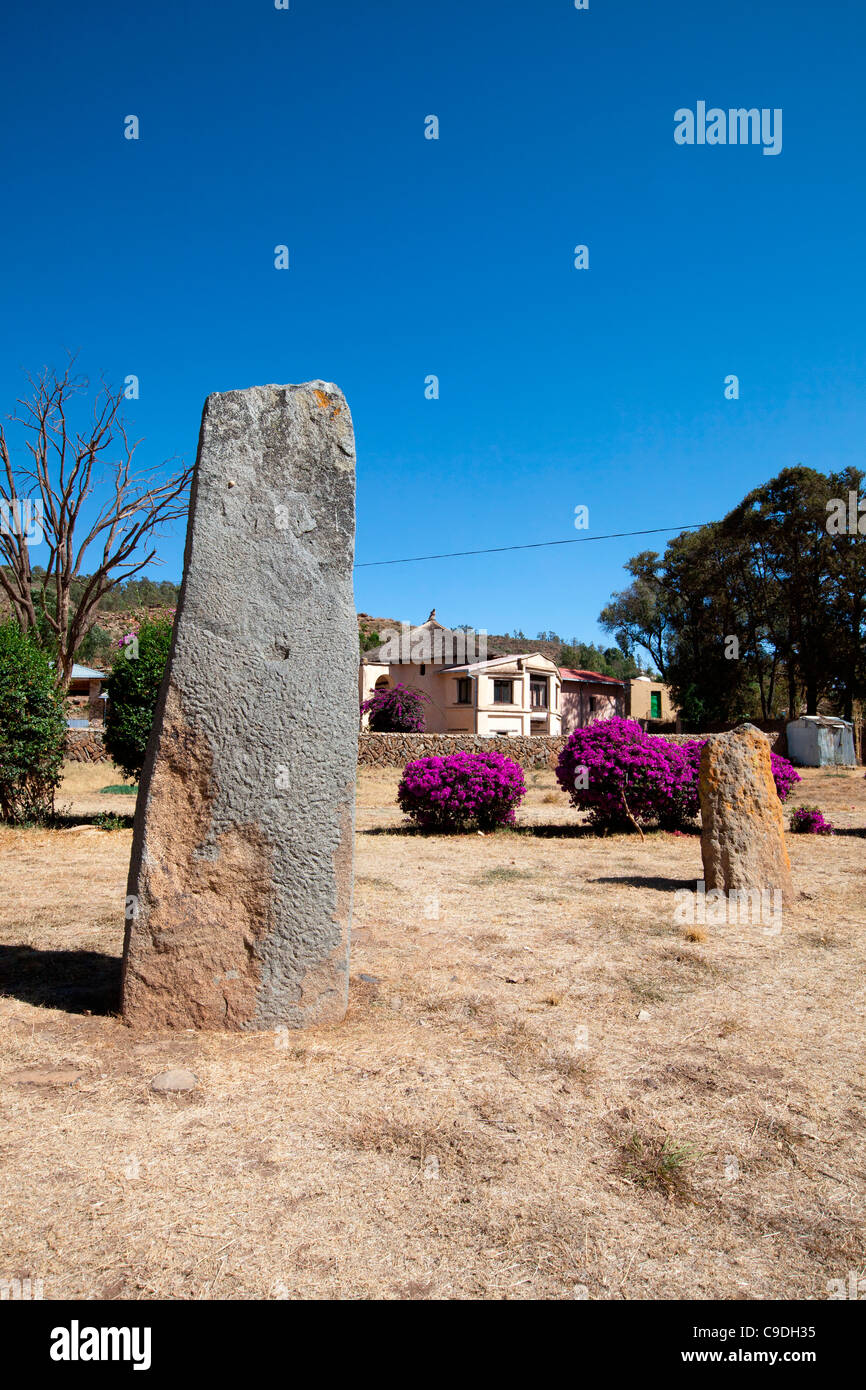 Ein nicht ergänzten Stele steht im nördlichen Bereich Stelen in Aksum, Nord-Äthiopien, Afrika. Stockfoto