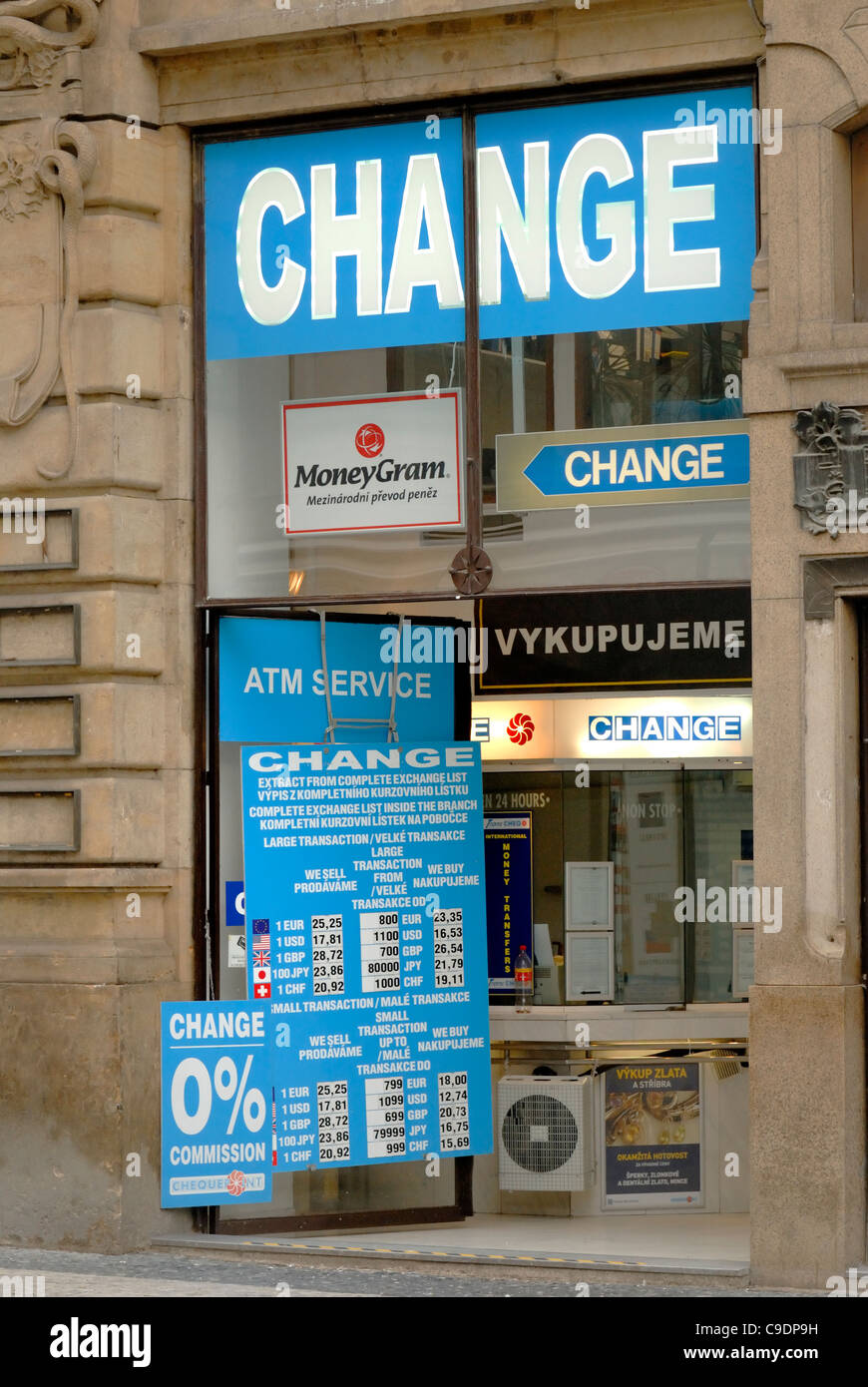 Prag, Tschechische Republik. Wechselstube "Provisionsfrei" Stockfoto