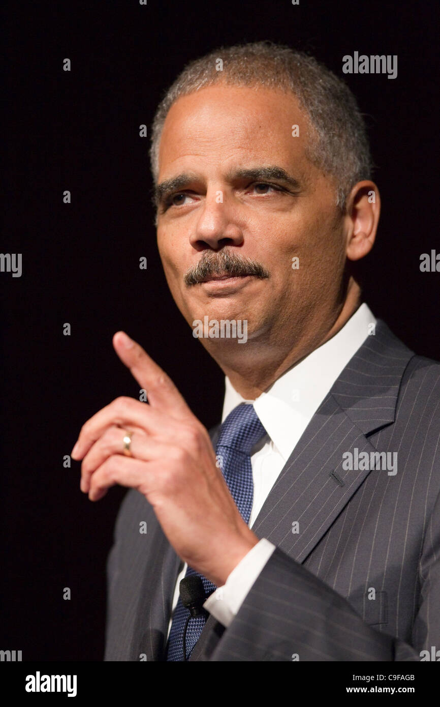 US-Justizminister Eric Holder, hält Rede bei LBJ Library in Austin, Texas Stockfoto