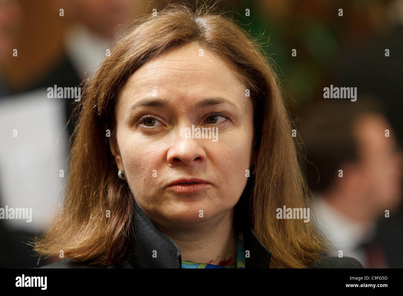 Russische Wirtschaft Entwicklungsminister Elvira Nabiullina abgebildet auf der 28. EU-Russland-Gipfel in Brüssel stattfand. Stockfoto