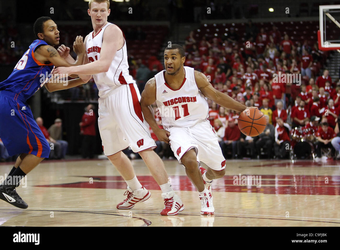 15. Dezember 2011 - Madison, Wisconsin, USA - Wisconsin Wächter Jordan Taylor #11 bekommt eine Kommissionierung von Wisconsin Mike Bruesewitz #31 auf das Spiel nach vorne. Wisconsin Badgers besiegte die Savannah Zustand Tiger 66-33 an der Kohl-Center in Madison, Wisconsin. (Kredit-Bild: © John Fisher/Southcreek/ZUMAPRESS.c Stockfoto