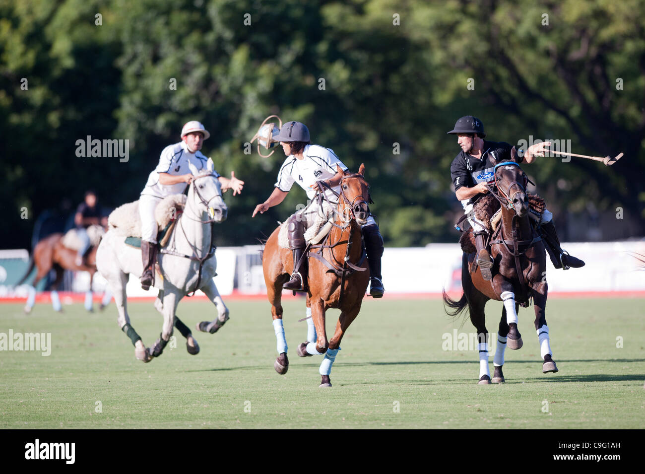 Finale der 70. Argentinien Pato öffnen. Pato, ist auch bekannt als Horseball Argentinien Nationalsport.  La Guarida Team (16 Punkte) im Vergleich zu Los Mochitos (14). 18. Dezember 2011 in Buenos Aires, Argentinien Stockfoto