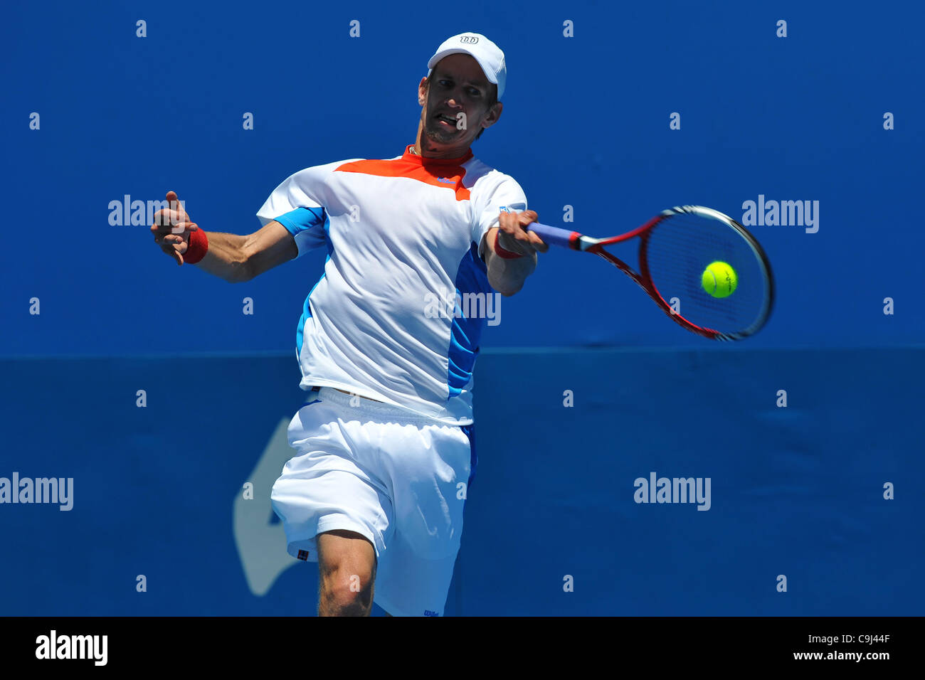 11.01.12 Sydney, Australia.Jarkko Nieminen von Finnland in Aktion gegen Tschechische Radek Stepanek in Apia International Sydney Tennisturnier, Australian Open Series im Sydney Olympic Park Tennis Centre, Homebush Stockfoto