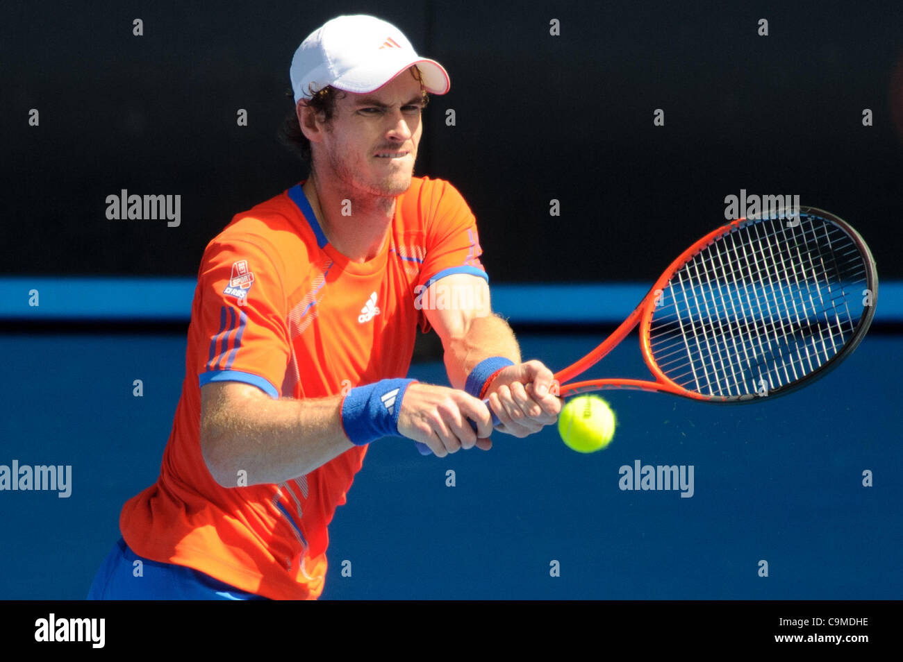 24. Januar 2012 - Spiel Melbourne, Victoria, Australien - Andy Murray (GBR) in Aktion gegen Kei Nishikori (JPN) während ein Männer Viertelfinale am Tag 10 der 2012 Australian Open in Melbourne Park, Australien. (Bild Kredit: Sydney Low/Southcreek/ZUMAPRESS.com ©) Stockfoto