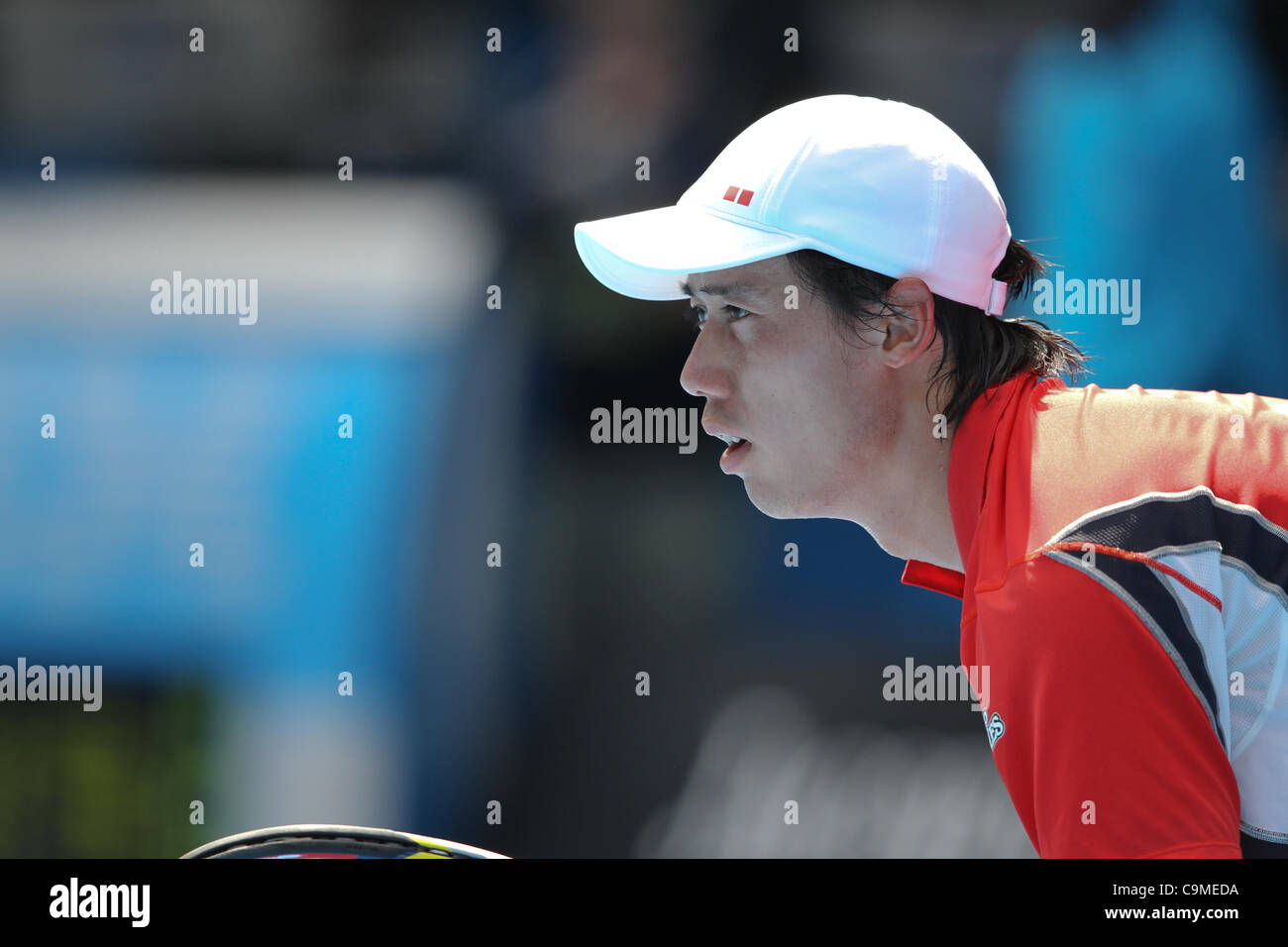Kei Nishikori Andy Murray bei den Australian Open Tennis, Melbourne, 25. Januar 2012 spielen. Stockfoto