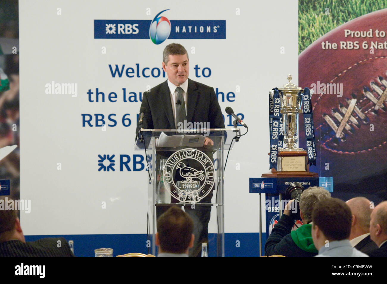 Welsh Rugby Union Vorsitzender David Pickering anlässlich der offiziellen Eröffnung der RBS Six Nations Rugby Turnier im Hurlingham Club in London. Stockfoto